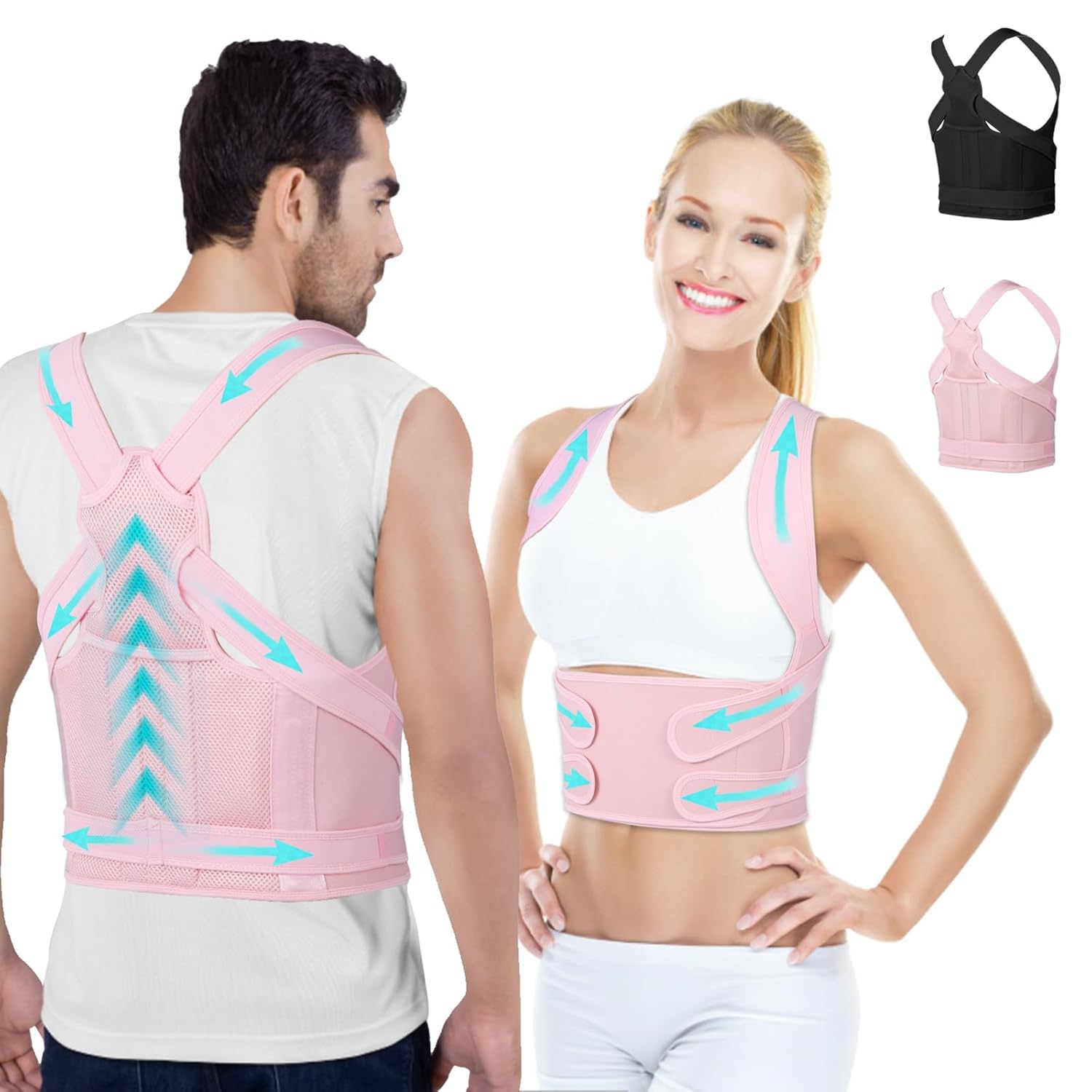 Posture Corrector for Women and Men,4 In 1 Adjustable Full Back Brace,Posture Braces Can Relieve Upper and Lower Back Pain, Shoulder Braces for Hunchback,Scoliosis, Lumbar Spine, Spine（Large Pink）