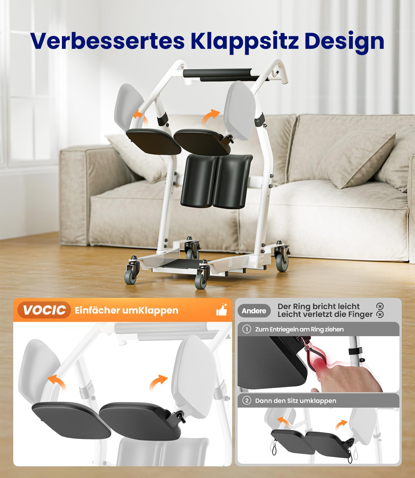 VOCIC Sitz-zu-Steh-Lifter bis 180 kg, Patientenlifter & Transferhilfe für Zuhause, Mobile Aufstehhilfe für Senioren, Transfergerät für Bett, Toilette und Rollstuhl