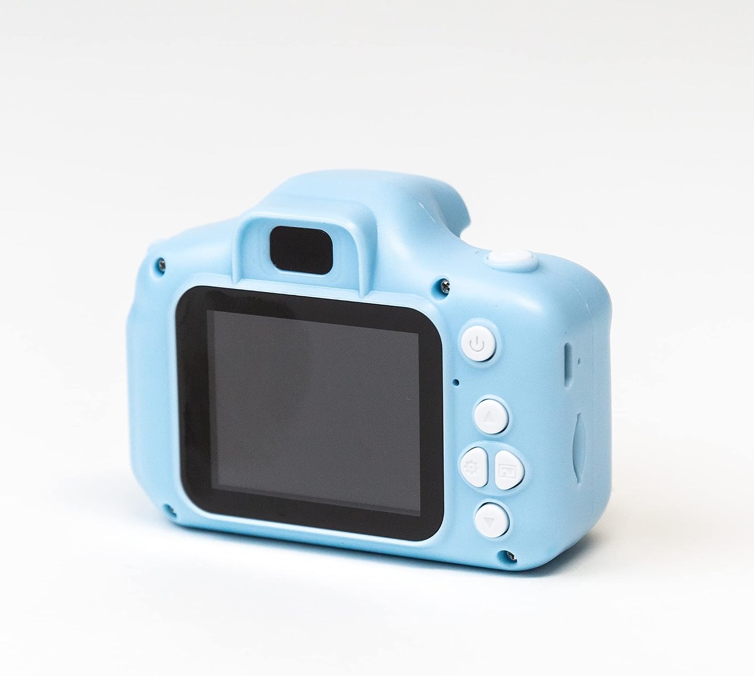 Trasero view of the Rohs Blue Kids Digital Camera, showing the screen, power button, navigation buttons, and other controls.
