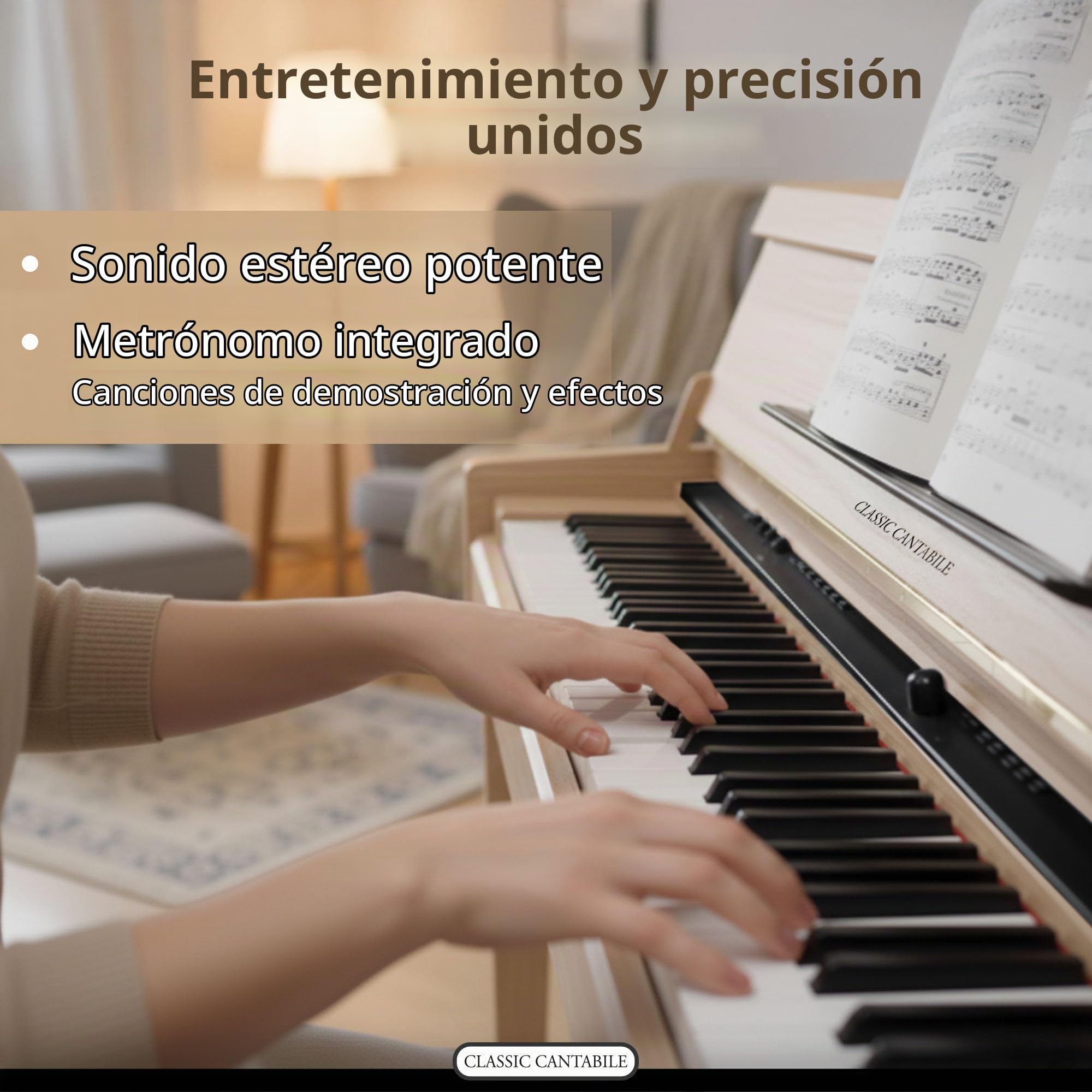 Classic Cantabile UP-1 LA Piano Vertical Digital - 88 Teclas con Peso - Teclado electronico con USB, MIDI, 40 voces, 256 polifonía - Organo musical Set con Banqueta y Auriculares - Roble Claro