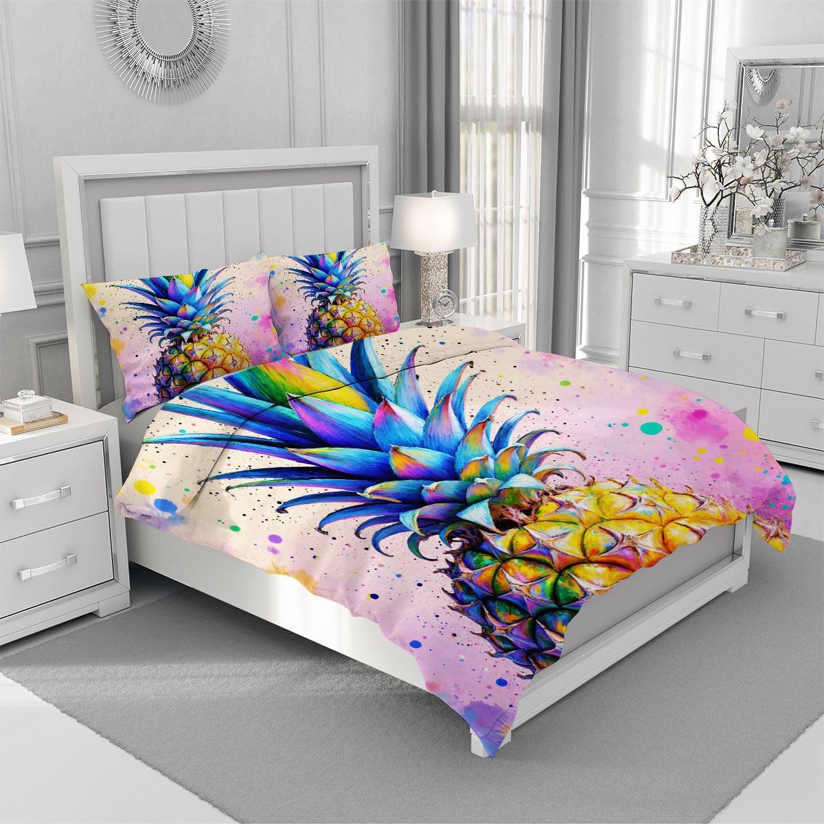 Komplet pościeli 220x240 cm kolorowy ananas łatwy w pielęgnacji zestaw pościeli z zamkiem błyskawicznym, zestaw poszewek na kołdrę z nadrukiem 3D do pieluchy wystrój sypialni