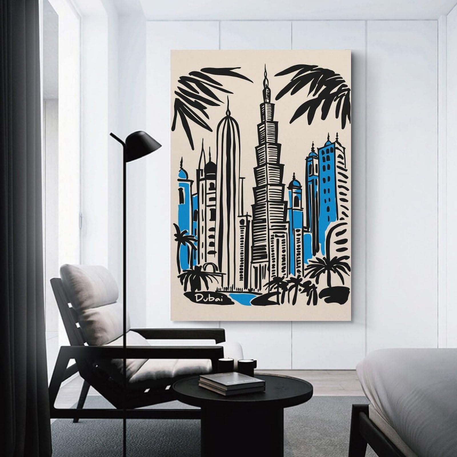 Junmoney Dubai Skyline Illustration with Palm Trees Canvas Wall Decor, 08x12inch(20x30cm), for New Homes, Bedrooms Or Workspaces, Gift Idea for Housewarming And Birthdays
