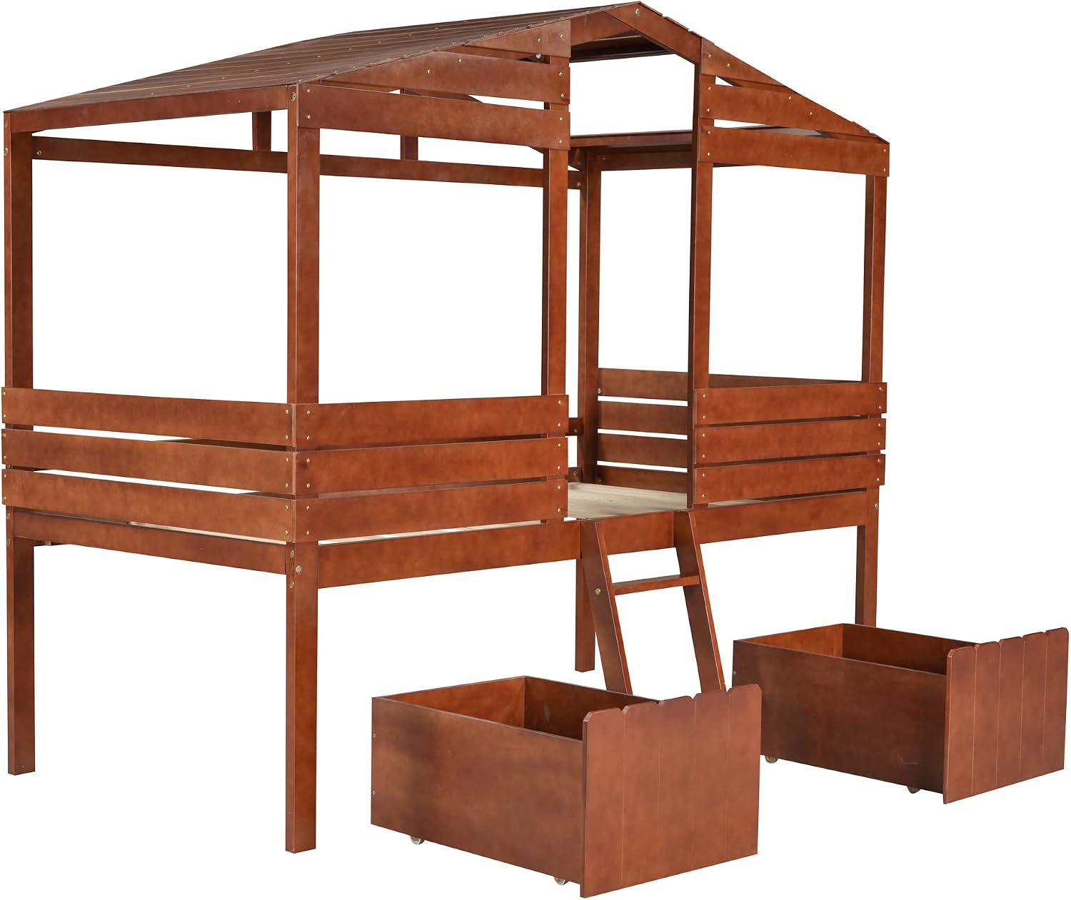 Angled view of the MOEO Twin Size Low Loft Wood House Bed, showing the wooden frame, roof, and the two pull-out drawers underneath.