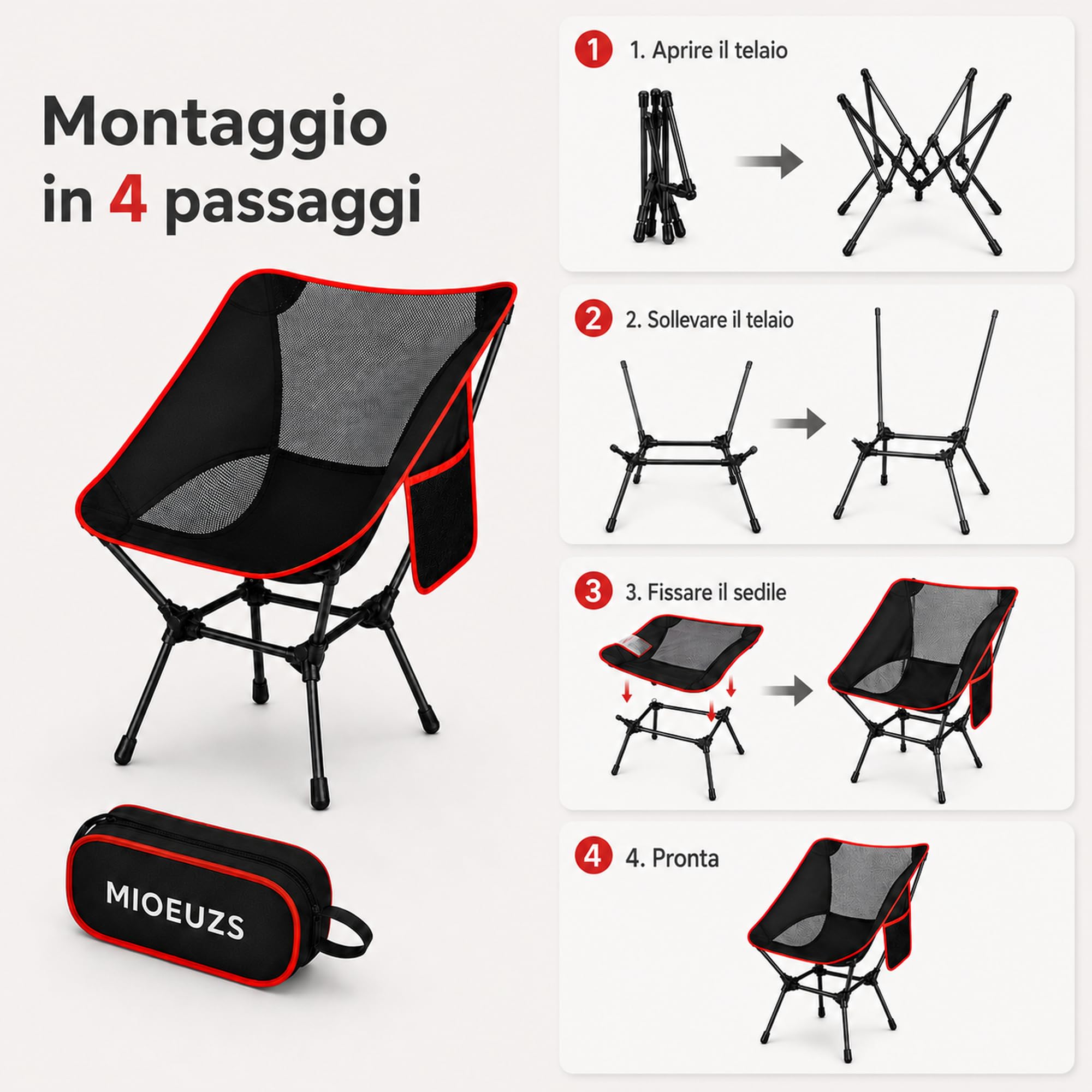 Sedia da spiaggia pieghevole fino a 120 kg, sedia campeggio pieghevole Oxford 900D con tasca laterale e borsa di trasporto, per mare, pesca, giardino ed esterno