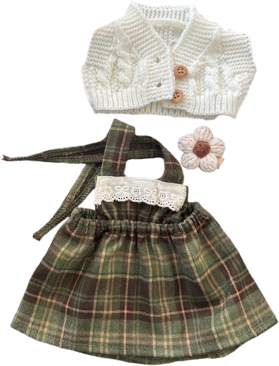 9-12"/30cm Teddy Bear Outfit: Medium Bashful Bunny Plaid Dress & Bumbly Bear Knit Set with Crochet Hair Clip 3-Piece for 10inch Stuffed Animals(NO Doll)