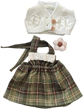 9-12"/30cm Teddy Bear Outfit Medium Bashful Bunny Plaid Dress & Bumbly Bear Knit Set with Crochet Hair Clip 3-Piece for 10inch Stuffed AnimalsNO Doll