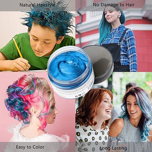 Miniatura 5 de Cera de color azul para el cabello, cera natural de peinado de 4.23 onzas, crema de peinado temporal para fiestas, cosplay, Halloween, uso diario,