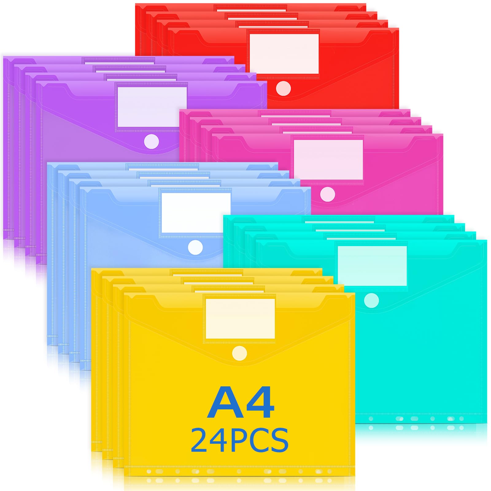 Caianwin 24 Stück Dokumententasche A4, 6 Farben Dokumentenmappe, 11 Löchern Mappen mit Etikettentasche, Wasserdicht prospekthüllen für Dokumente Organisieren