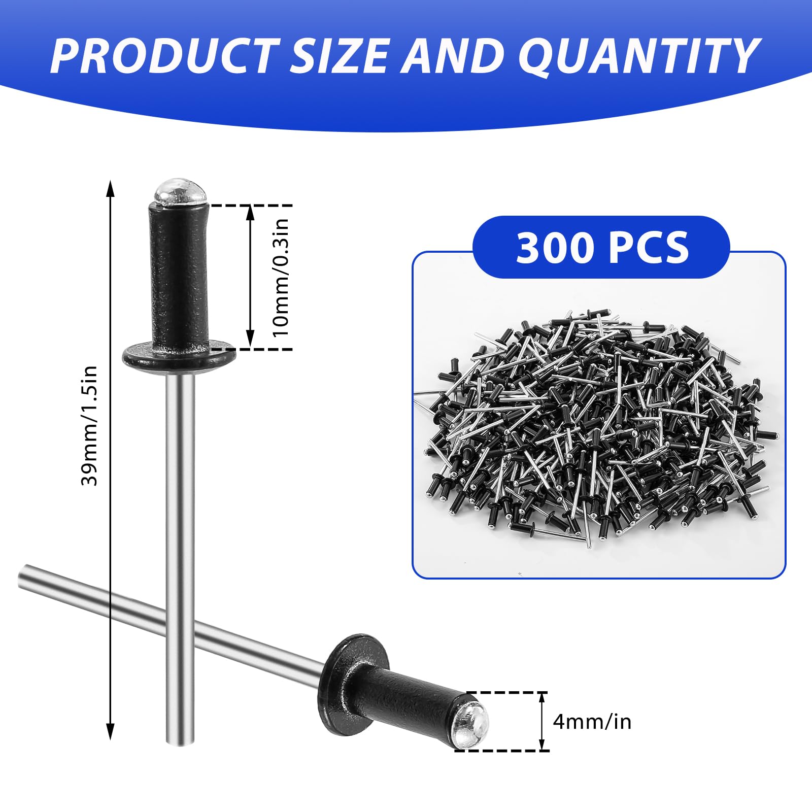 300 PezziRivetti Alluminio 4x10mm, rivetti pop rivetti aperti, Rivetti Ciechi in Alluminio, kit assortimento di rivetti pop, Legno, Plastica, Fai Da Te (Nero) (4x10mm 300PCS)