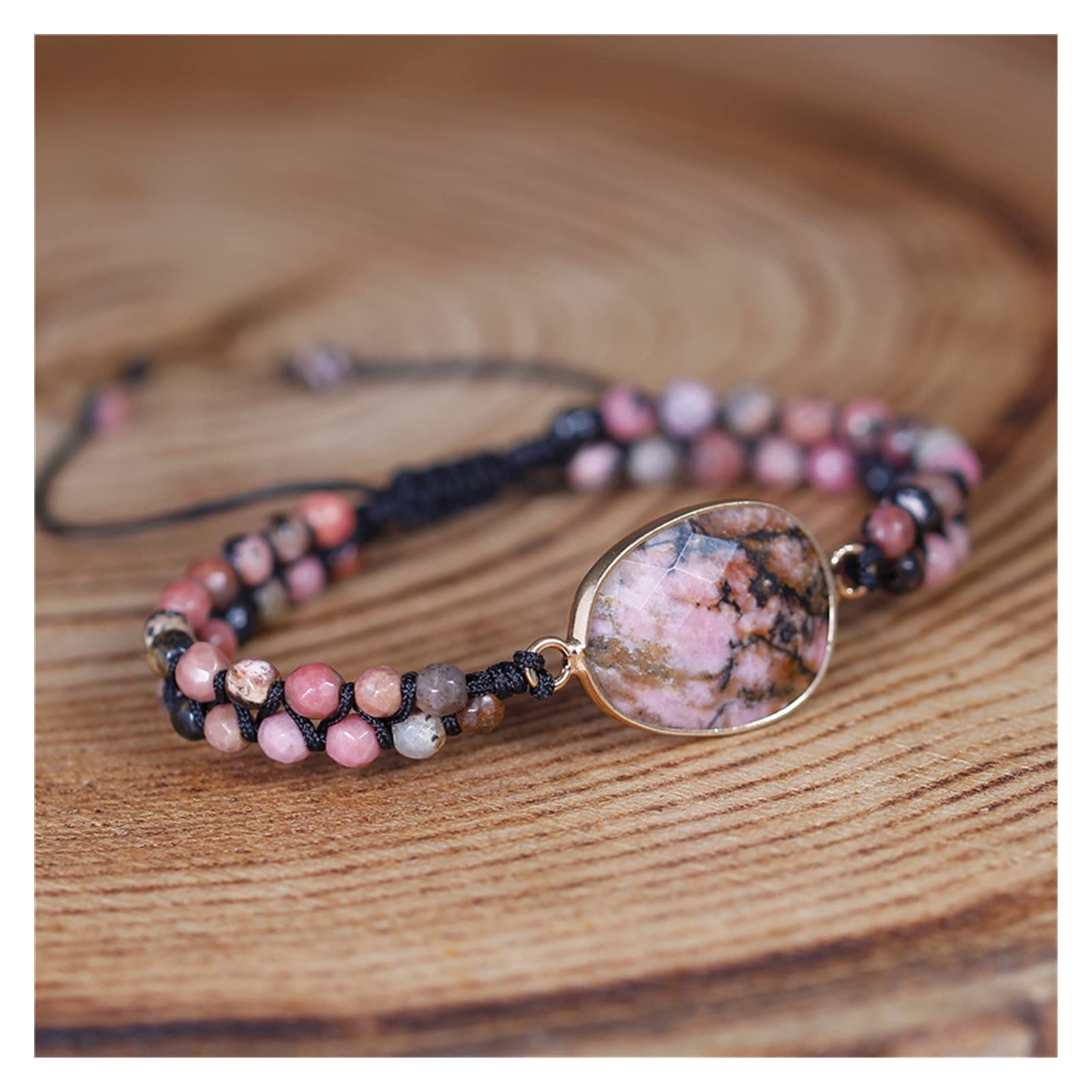 Pulseras Pulseras Pink y Negro Piedra Natural Trenzado Macrame Center Encanto Pulsera con Cuentas Pulsera de Mujer Joyería