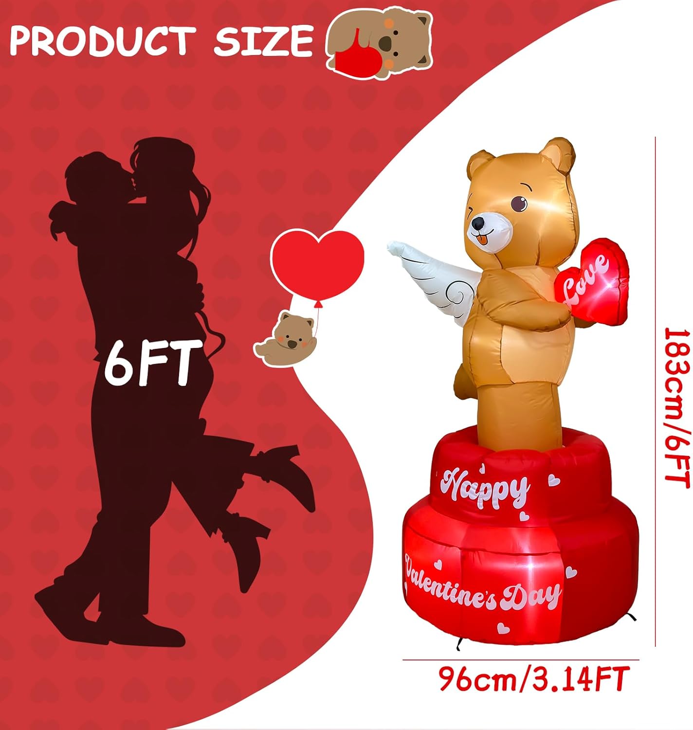 OurWarm 6FT Valentine Inflatables Outdoor Decorations, Rotating Angel Bear Valentines Inflatables with Wings, Cute Valentines Day Blow up Inflatable with LED Lights for Yard Lawn Party Wedding Decor