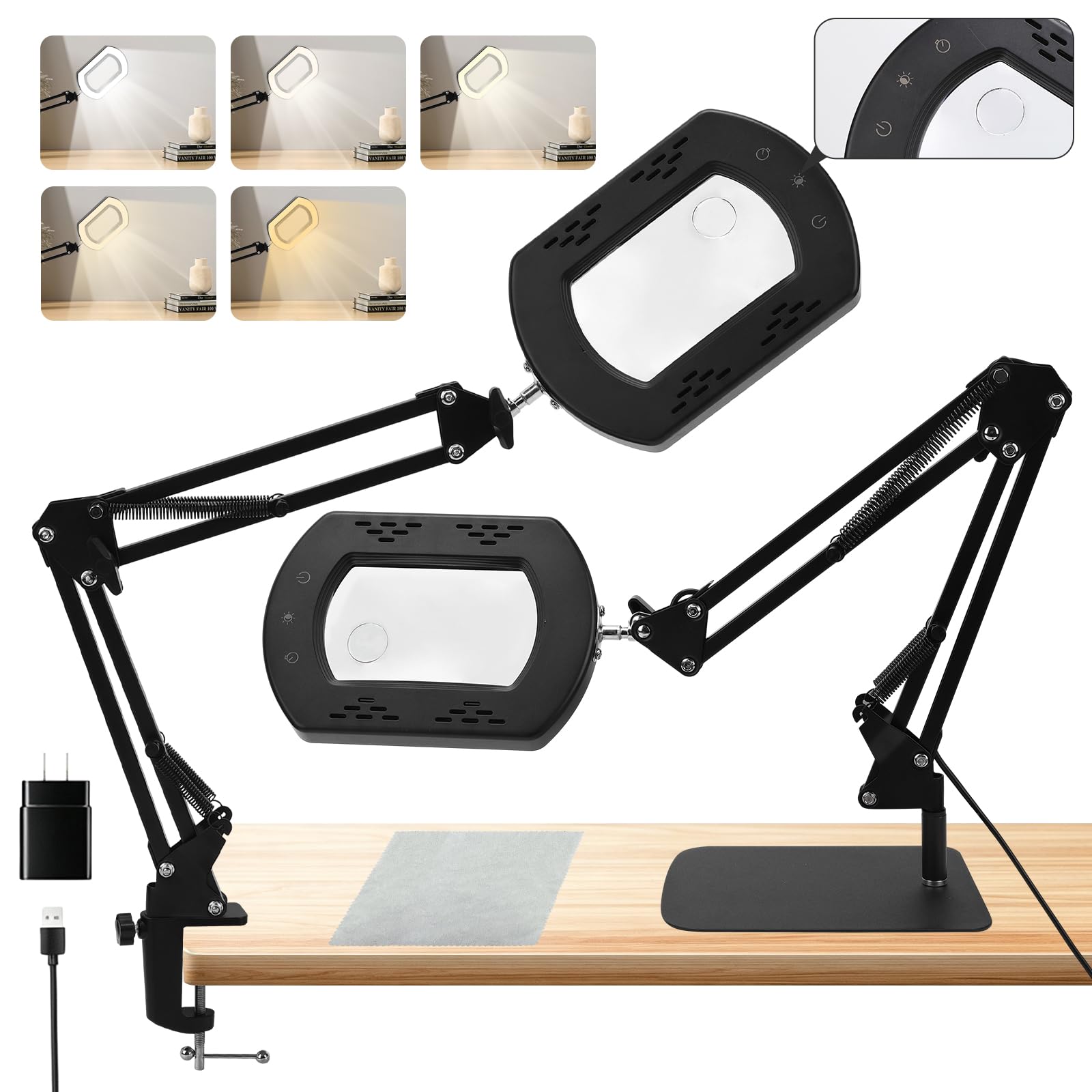 15X 30X Tischlupe mit Licht und Ständer, 5 Farbmodi Stufenlos Dimmbar, 2-in-1 Schreibtischlampe und Klemme, Händefrei Standlupe mit Licht ür Handwerk Hobby Malerei Schließen Arbeit