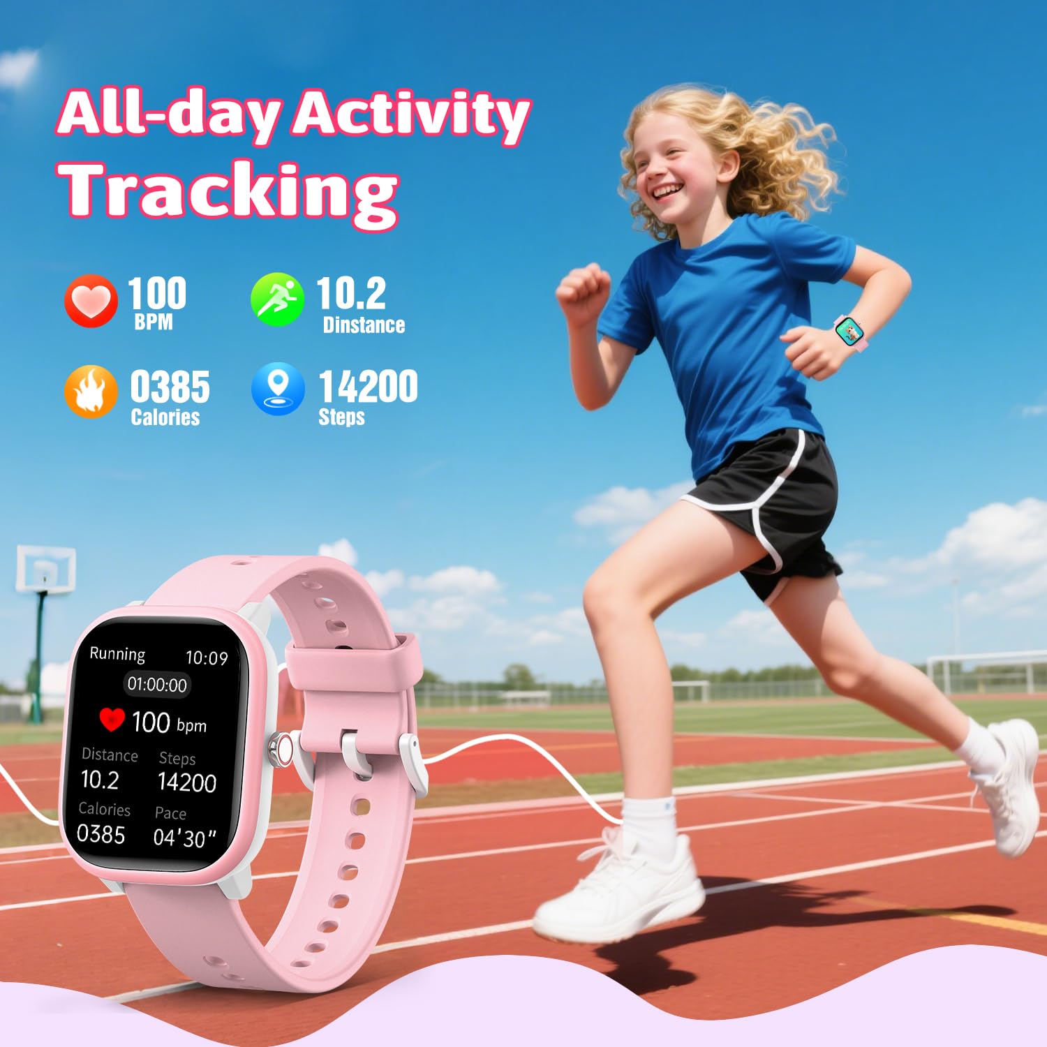 Fikami Montre Intelligente pour Enfants Filles garçons Pas d'APP Pas de téléphone nécessaire, 1,83" Fitness Tracker Sport Montre, fréquence Cardiaque,Compteur de Pas,16 jeuxpour Filles garçons 6-16
