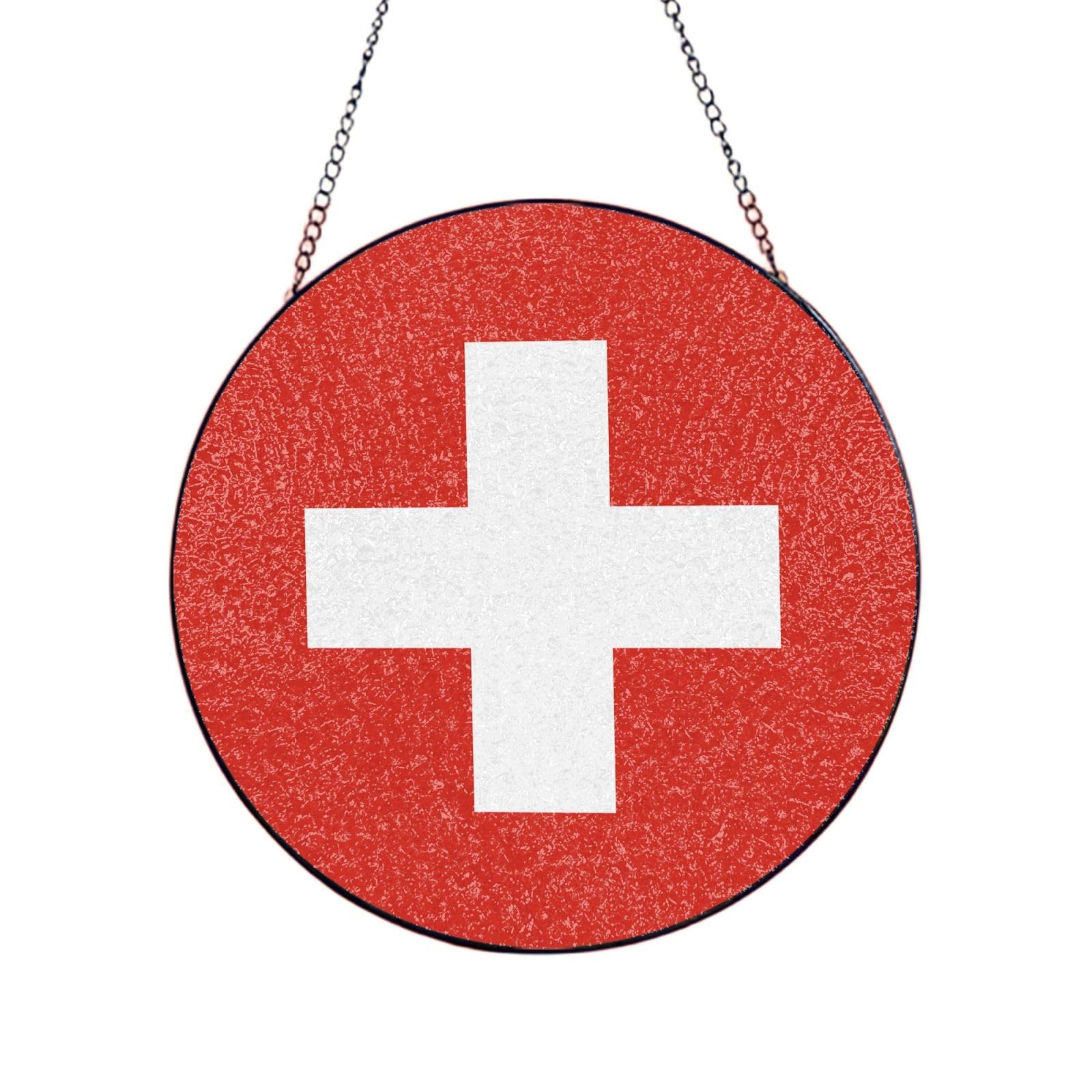 Phayah Swiss Flag Print Glass Window Hanging Sun Catchers Suncatcher Decor For Birthday For Home Garden Porch 8in（20cm）
