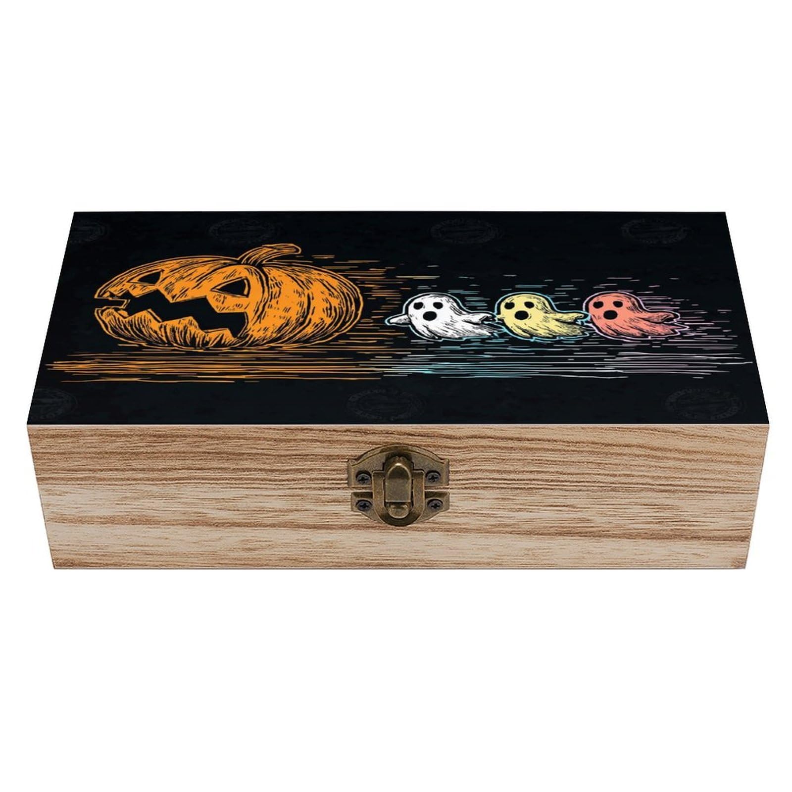 Halloween Pumpkin Three Cartoon Ghosts Wooden Storage Box with Hinged Lid