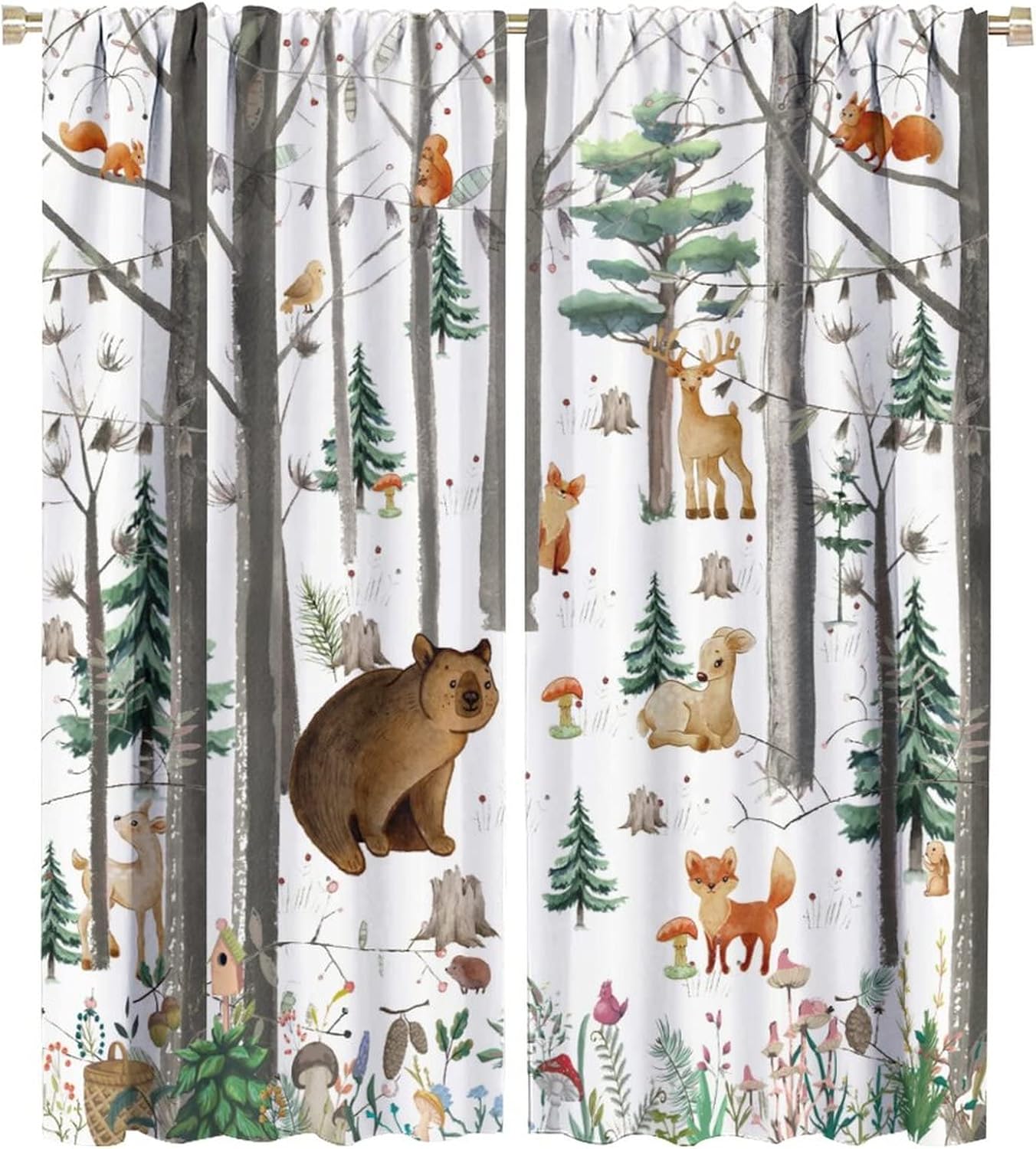 Kid Forest Animal Curtains, Woodland Animal Fox Elk Bear Watercolor Print Curtains
