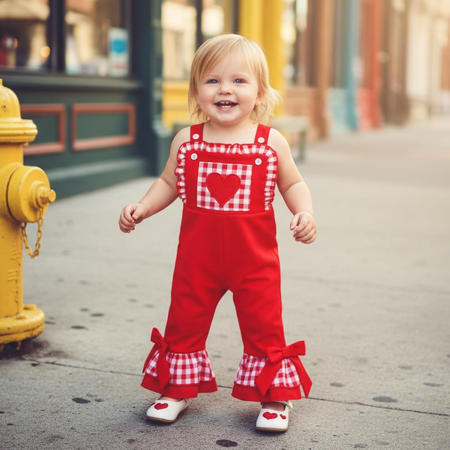 Toddler Baby Girl Valentine’s Day Romper Bow Print Tie Spaghetti Strap Jumpsuit Baby Bell Bottom Overall Pants - Image 4