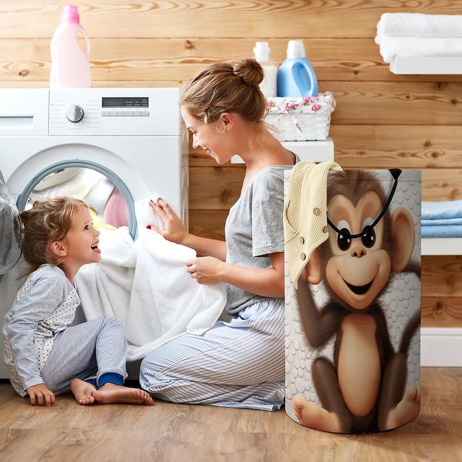 Cute Monkey Laundry Hamper with Handles Waterproof Collapsible Laundry Basket Large Lightweight Round Dirty Clothes Hamper for Home Dorm Bathroom Decor