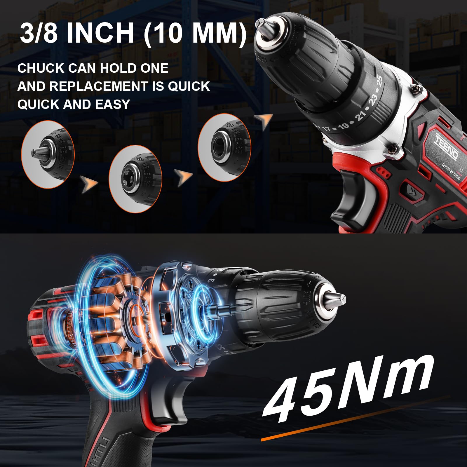 TEENO Trapano a Percussione a Batteria 21V, 45 Nm Avvitatore a batteria con spazzole,Compatibile con le Makita 2 batterie 2,0 Ah, 25+3 Impostazioni di Coppia,3 spazzole per la pulizia,2 Velocità, LED