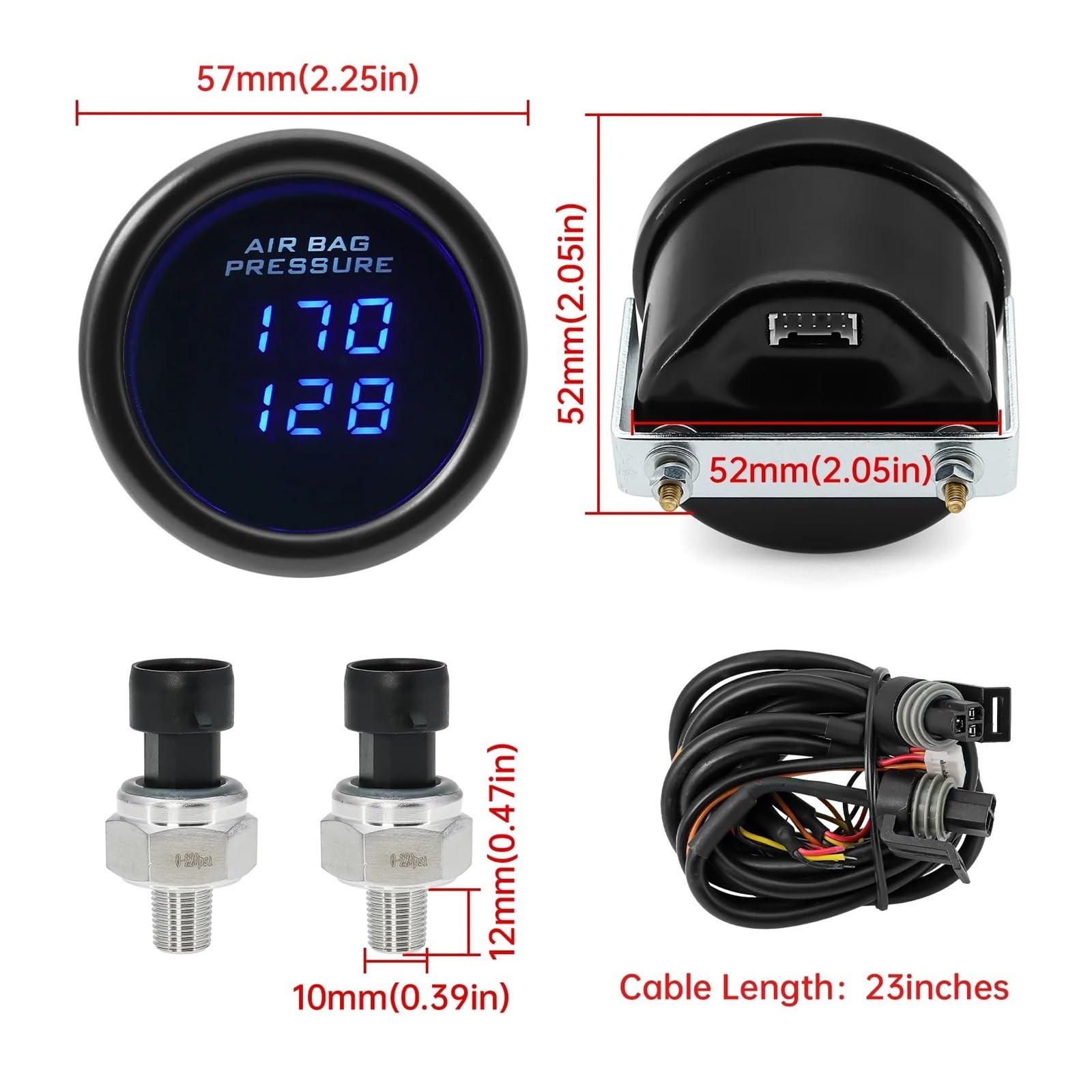 Manometr 52mm niebieska dioda LED podwójny cyfrowy wyświetlacz wskaźnik zawieszenia pneumatycznego jazda pneumatyczna z czujnikami 1/8NPT dla DC 12V 24V, Precyzyjny Pomiar