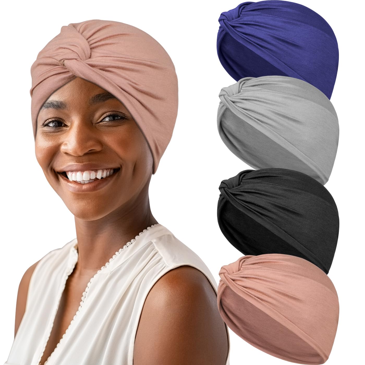 ASKNOTO4 Pieces Soft Cotton Turbans, Pre Tied Headwrap Knot Pleated Chemo Headwear for Women
