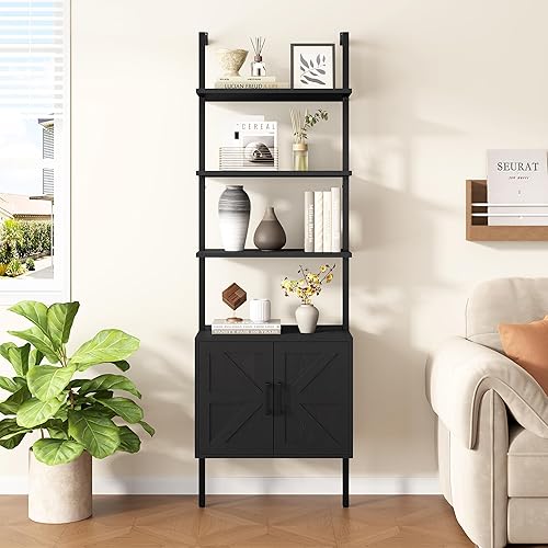 Miniatura 2 de Yusong Estantería de 73 pulgadas de alto con gabinete, estante de montaje en pared con escalera industrial, estantería de granja con marco de madera