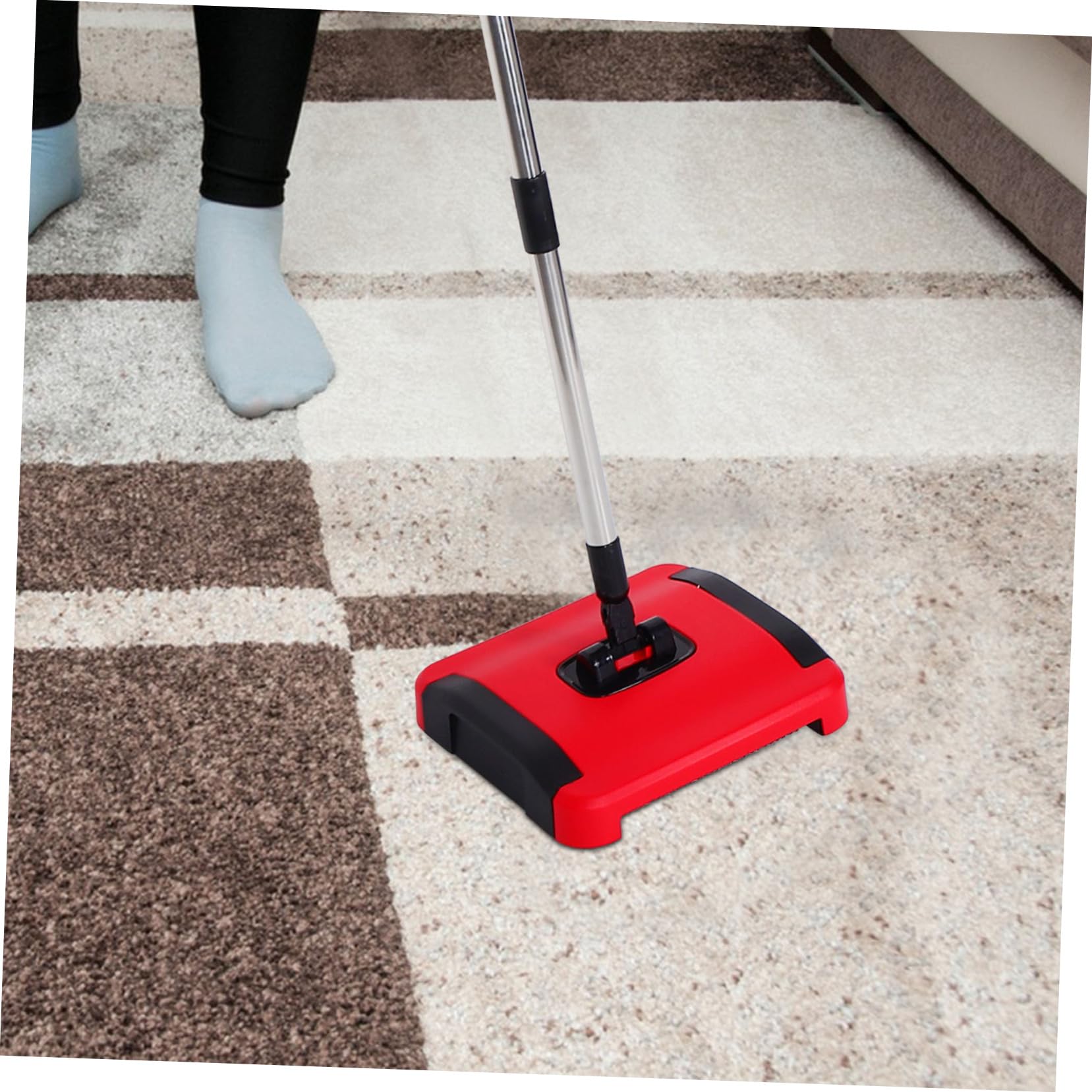 ERINGOGO Mechanischer Schiebebesen Teppichbesen Leichter Teppichkehrer mit Verstellbarer Höhe Rotierenden Bürstenrollen für Zuhause