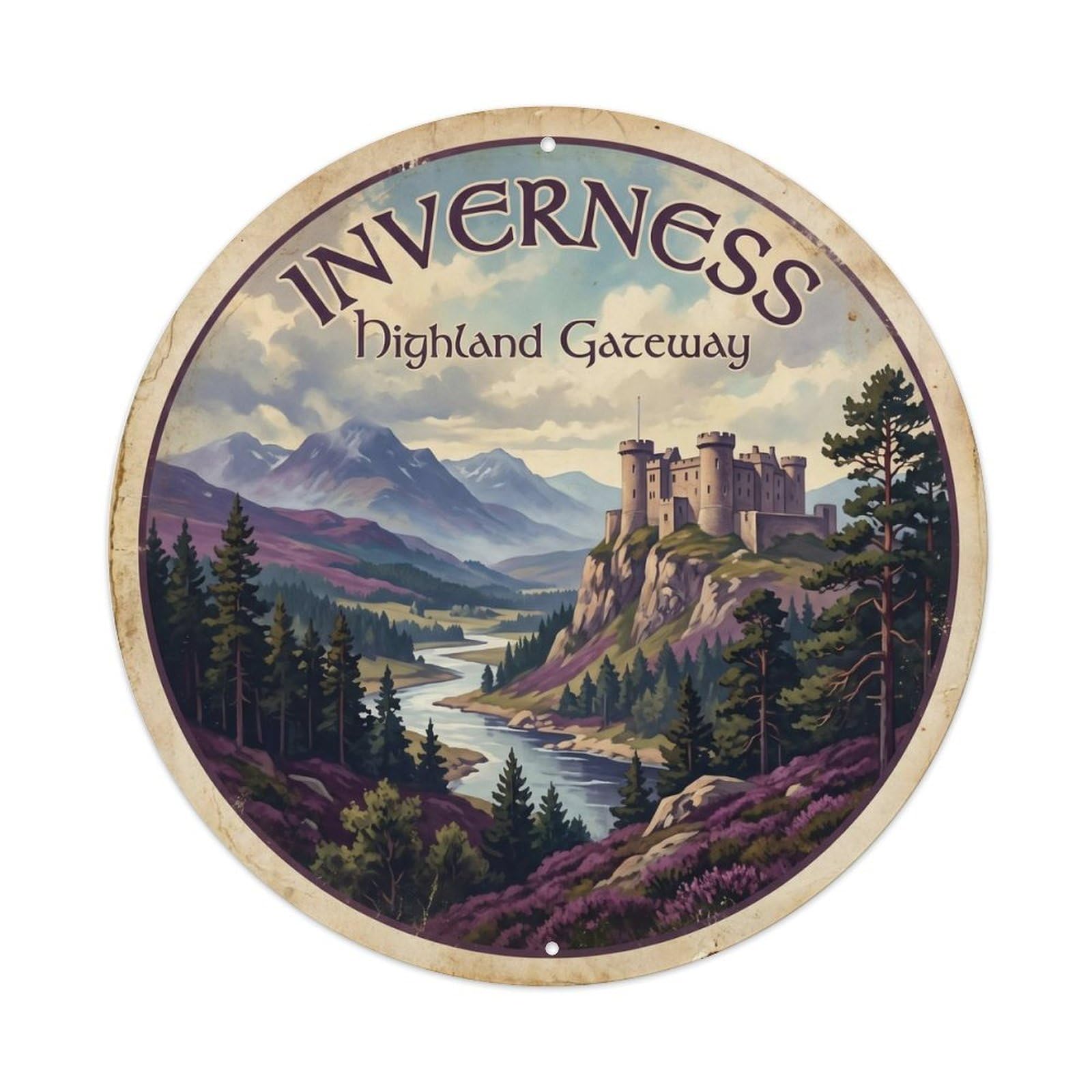 Inverness Castle Highlands Classic Cartography Travel Landmark Metal Tin Sign Plaque Wall Decor for Cafe, Man Cave, Club Bar, Office, Home Garden Round Metal Poster 8x8Inch