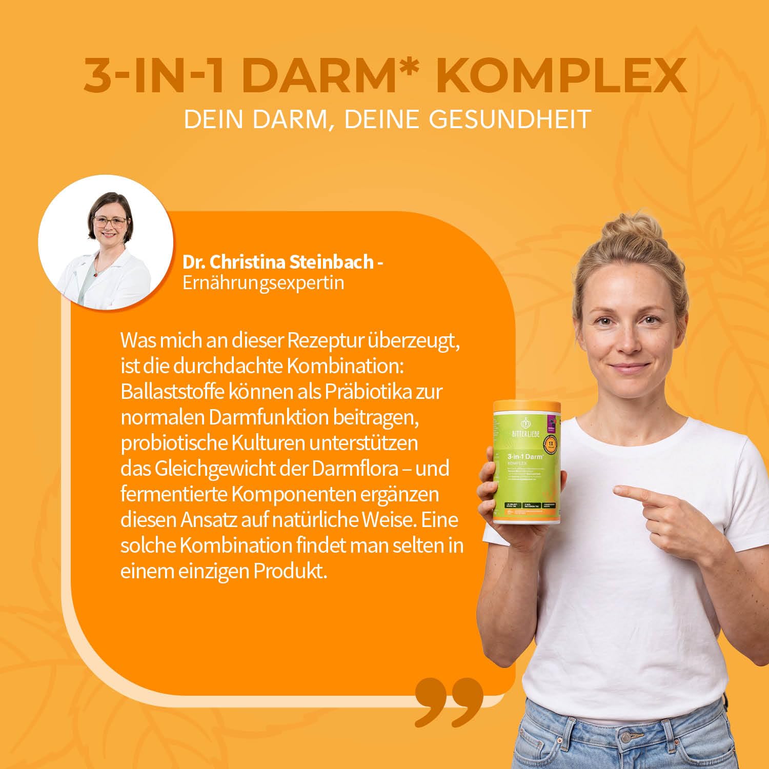 BitterLiebe - 3in1 Darm Komplex - Darmkur Pulver mit 9g Ballaststoffe & 6 Mrd. Darmbakterien - Darmflora aufbauen *, Darmgesundheit * - L Glutamin, Akazienfaser, Inulin und Verdauungsenzyme