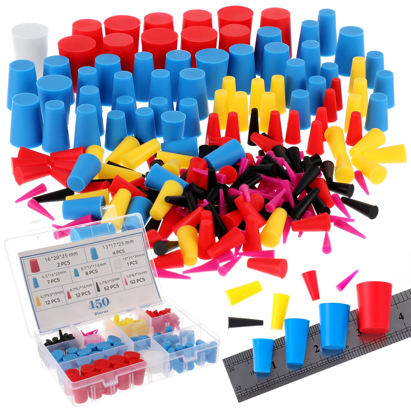 150 Pcs Rubber Plugs 8-Sizes Silicone Tapered Plug Kit 1/15" to 1" High Temp Stoppers for Coating, Hole, Painting Protection Silicone Stopper