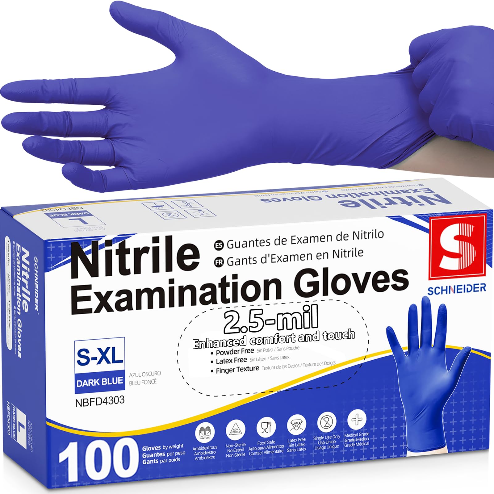 Photo 1 of Schneider Nitrile Exam Gloves, Dark Blue, Disposable Gloves, Latex-Free, Powder-Free, Food Safe for Cleaning, Cooking, Household Use,100 Count,Small