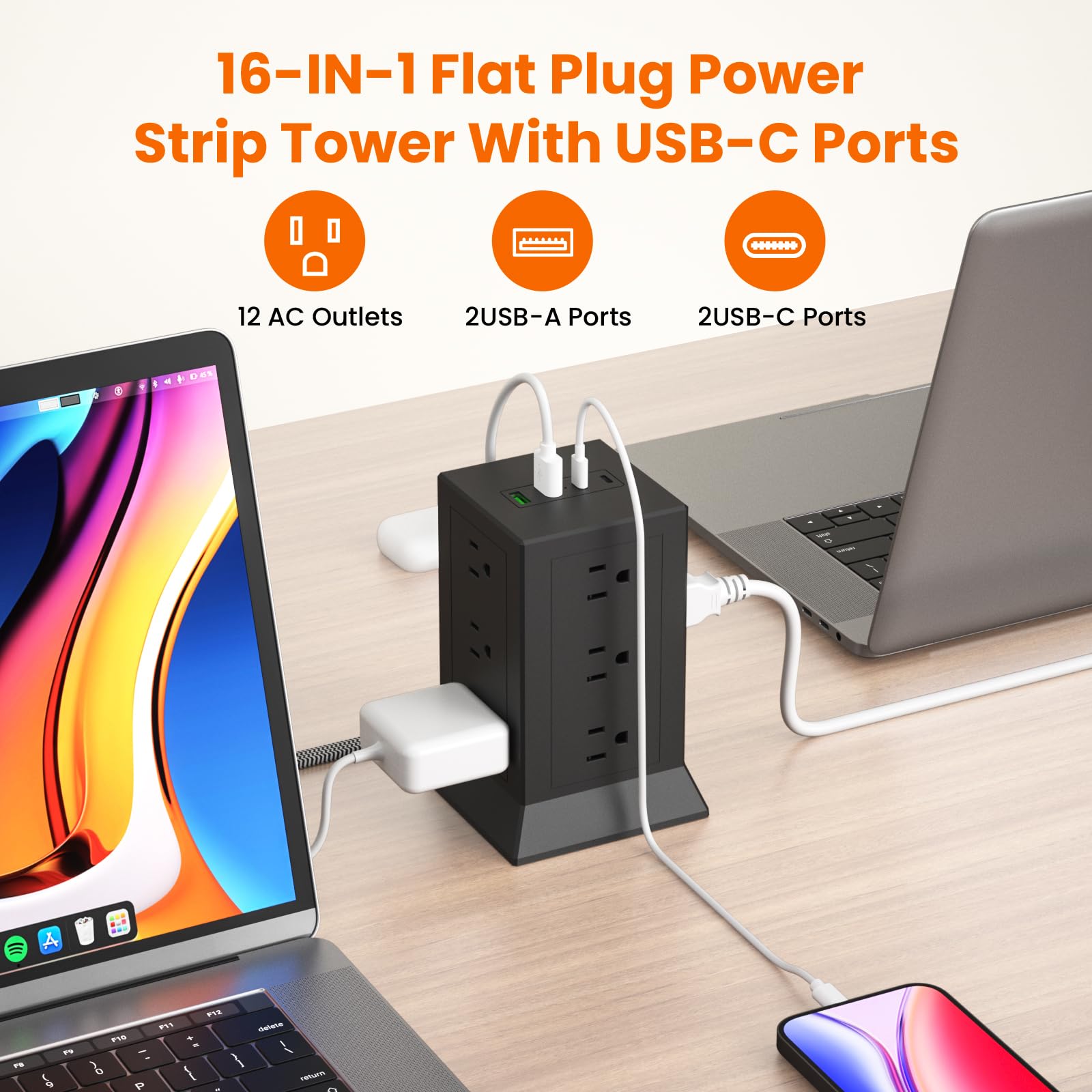 KING-LINK Surge Protector Power Strip Tower Flat Plug, 6.5 ft Extension Cord with Multiple Outlets, 12 AC Outlets 4 USB Ports (2 USB C) for Home Office Dorm, Black