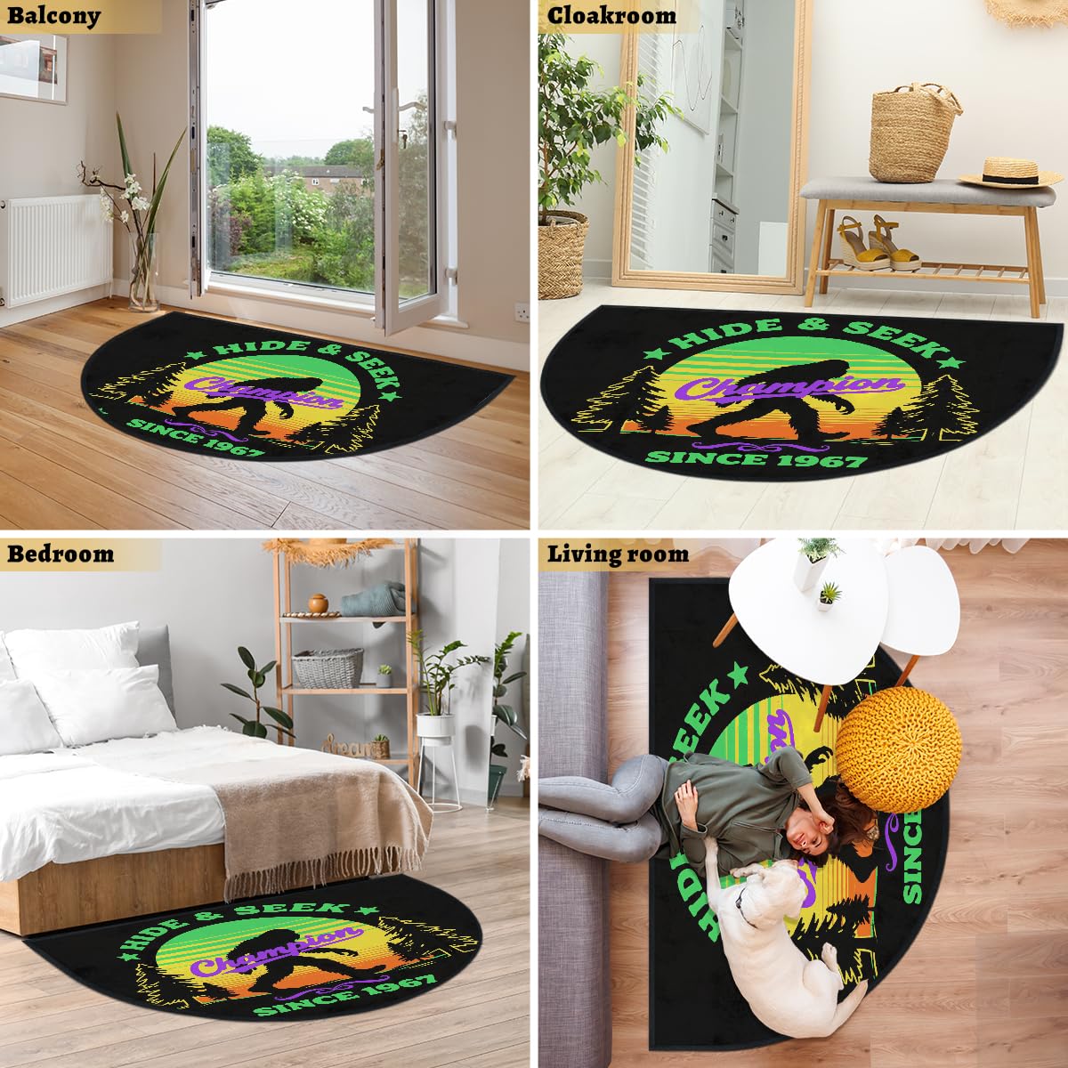Bigfoot Hide Seek Champion große halbrunde Fußmatte – rutschfest, saugfähig, halbrund, Eingangsbereich, niedlich, weich, halbrund, waschbar, Teppich für Küche, Badezimmer, Schlafzimmer, 160 x