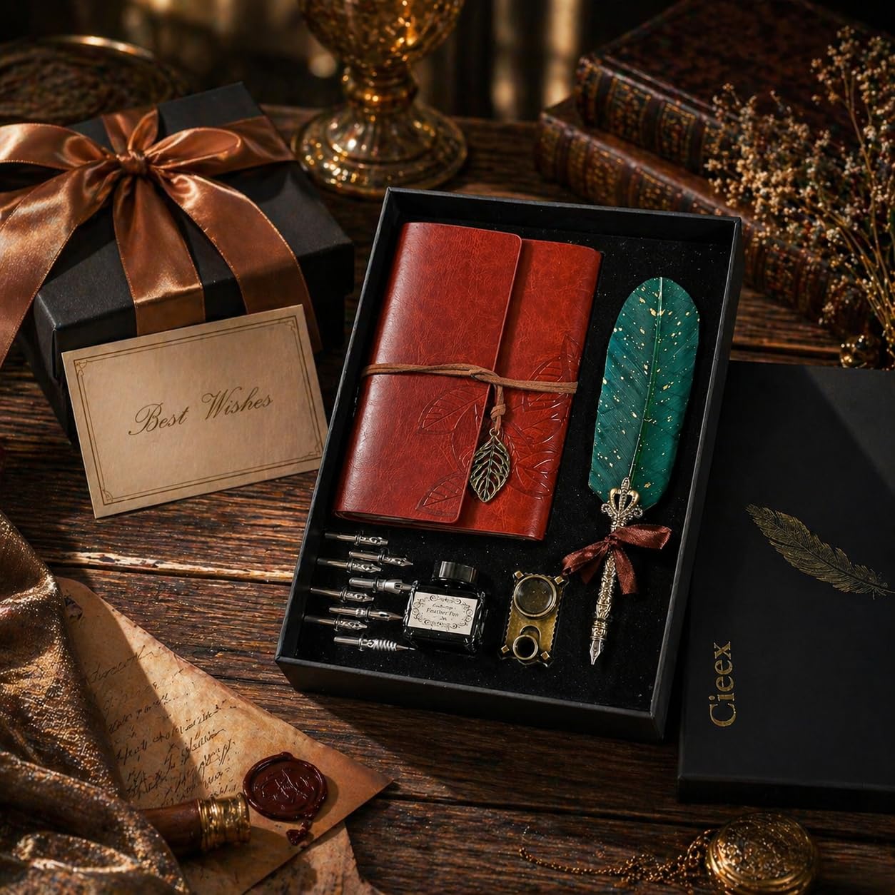 Cieex Caligraphie Ecriture Kit Ensemble de Stylo Plume Calligraphie Vintage avec Plumes de Rechange, Encre, Porte-Stylo, Papiers à écrire, Enveloppes et Carnet de Notes Cadeau pour Lui, Homme, Papa