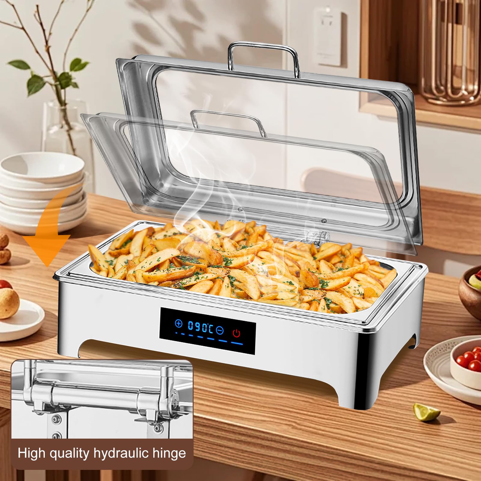 9L Chafing Dish Electrico para Buffet, Chafing Dish Calentador de Comida Electrico para Buffet, Calentador de Buffet de Acero Inoxidable con Vidrio Visual, Temperatura Ajustable (1/1)