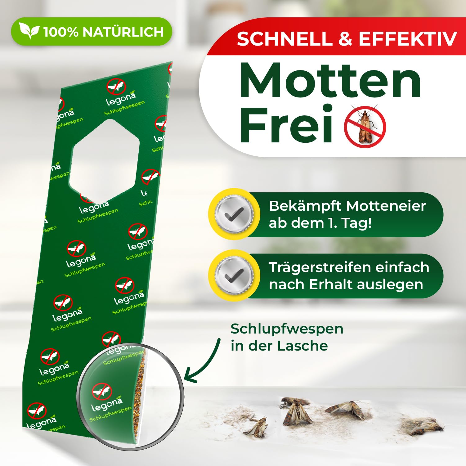 Legona Schlupfwespen gegen Lebensmittelmotten, 3 Lieferungen mit je 5 Trägern, 9 Wochen Vollbehandlung
