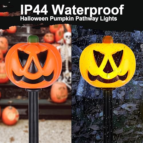 Miniatura 3 de BRIGHTDECK Juego de 5 luces de estaca de calabaza de Halloween, calabazas 3D iluminadas con energía solar para exteriores, impermeables, para