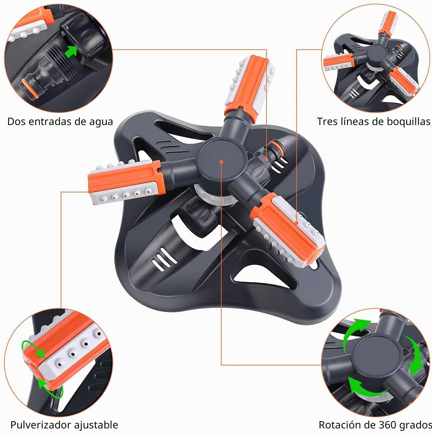 KAHEIGN Rociador De Jardín, 3 Brazos 360° Rotación Automática Ajustable Aspersores De Agua Para Jardín Sistema De Riego De Césped Para Garden Park Yard - Con Conectores Rápidos Y Cabezal De Rociador