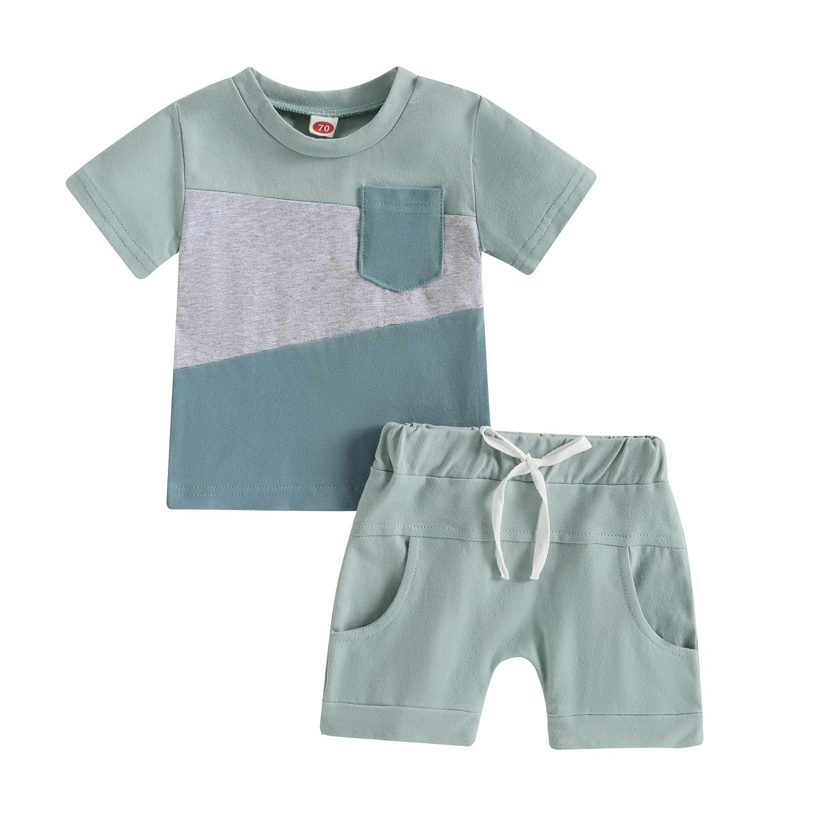 Photo 1 of Toddler Baby Boy Clothes Set Contrast Color Crew Neck T Shirt Tops Elastic Infant Shorts Cute Newborn Summer Outfits 2-3T Green