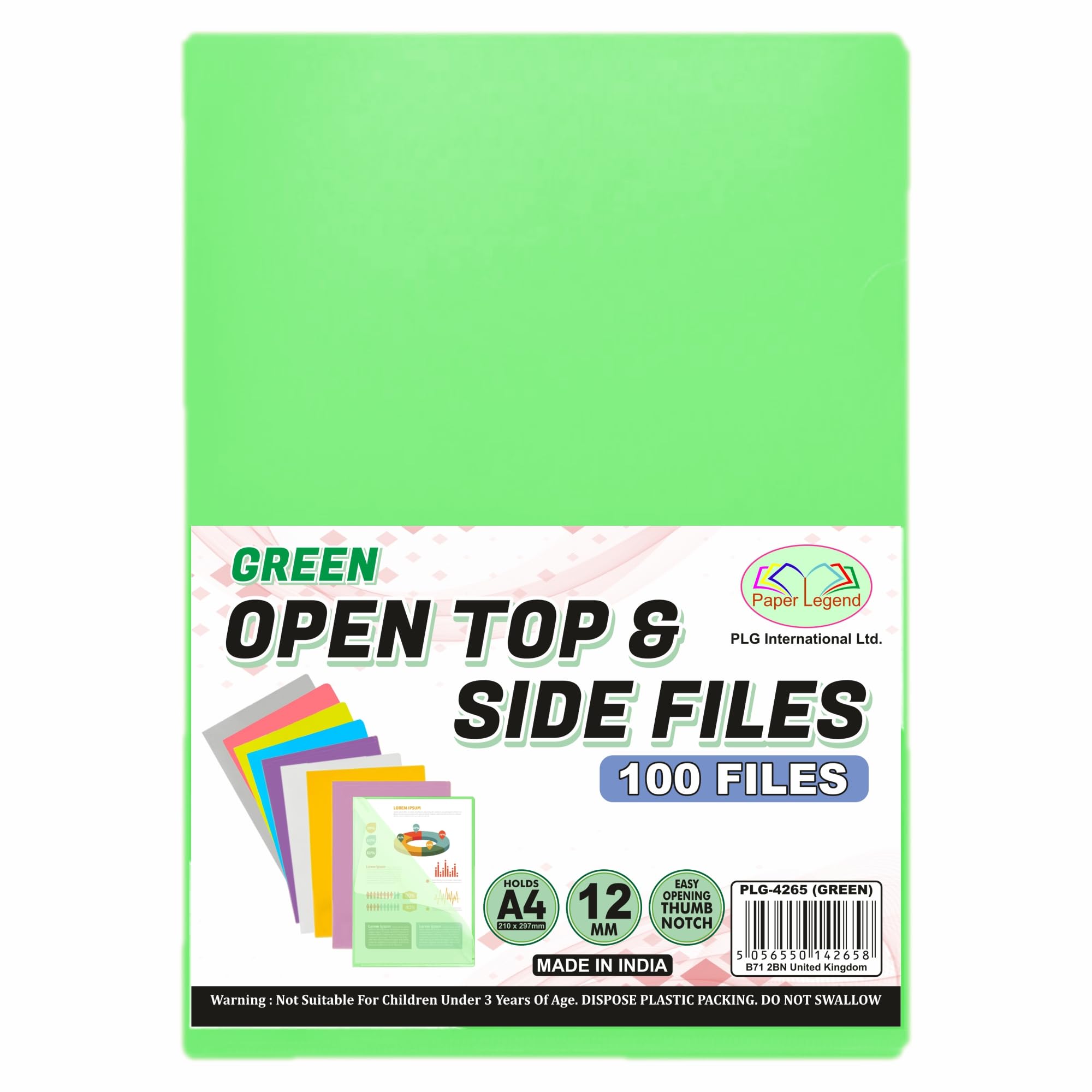 (100 Pcs) A4 Cut Flush - Open Top & Side Files L Type Folder to Protect Files 12mm Transparent Plastic Wallet Sleeves Gloss & Plain Project Presentation Cover Thumb Notch for Paper Storage (Green)