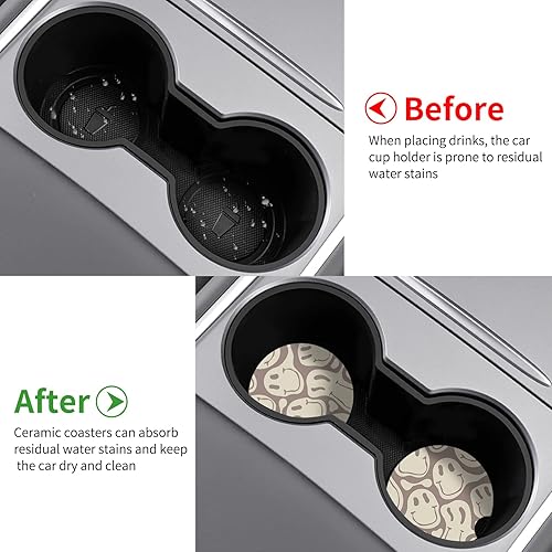 Miniatura 4 de Watbro Posavasos para automóvil, morado sonriente, absorbentes, paquete de 2 para portavasos con muesca para los dedos, cerámica de 2.56 pulgadas,