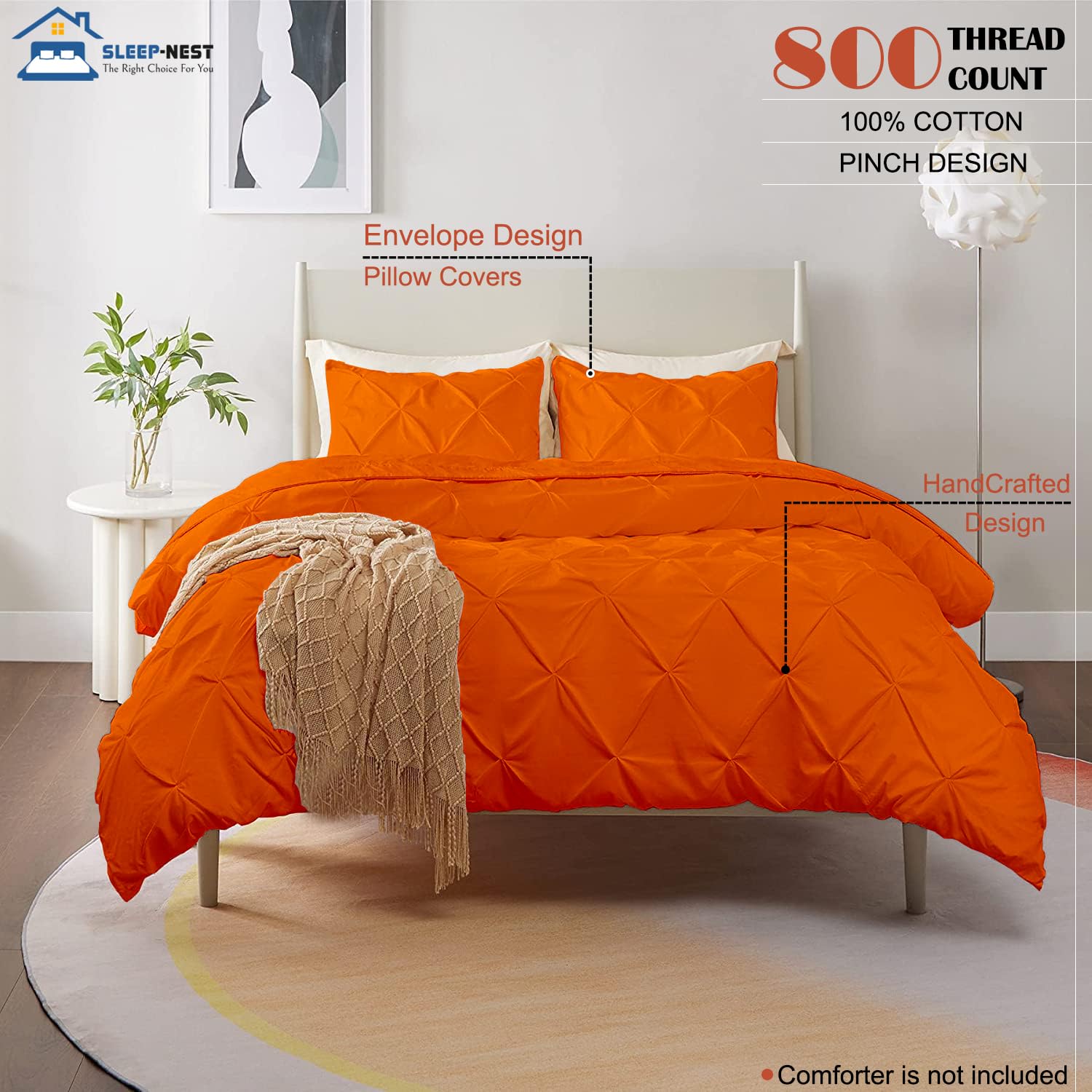 SLEEP-NEST Oversized King Plus Duvet Cover - 128"x120", 100% Cotton 600TC, Pintuck Pleated, Zipper Closure