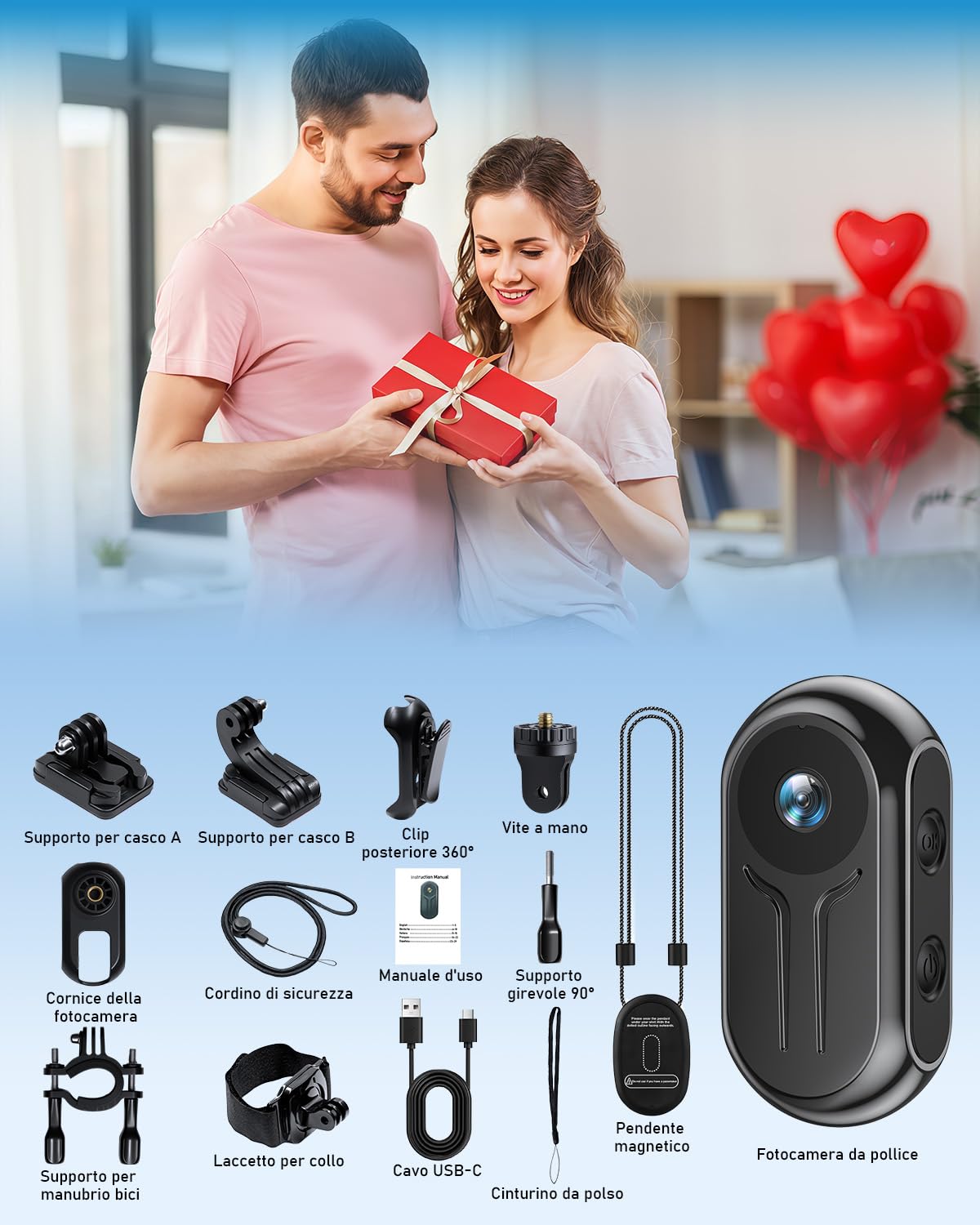 Action Cam con WiFi 2K Ultra-HD, Mini Body Cam con Registrazione, Telecamera Moto con Grandangolo da 120° con schermo, Videoregistratore indossabile a mani libere per Vlog Bicicletta