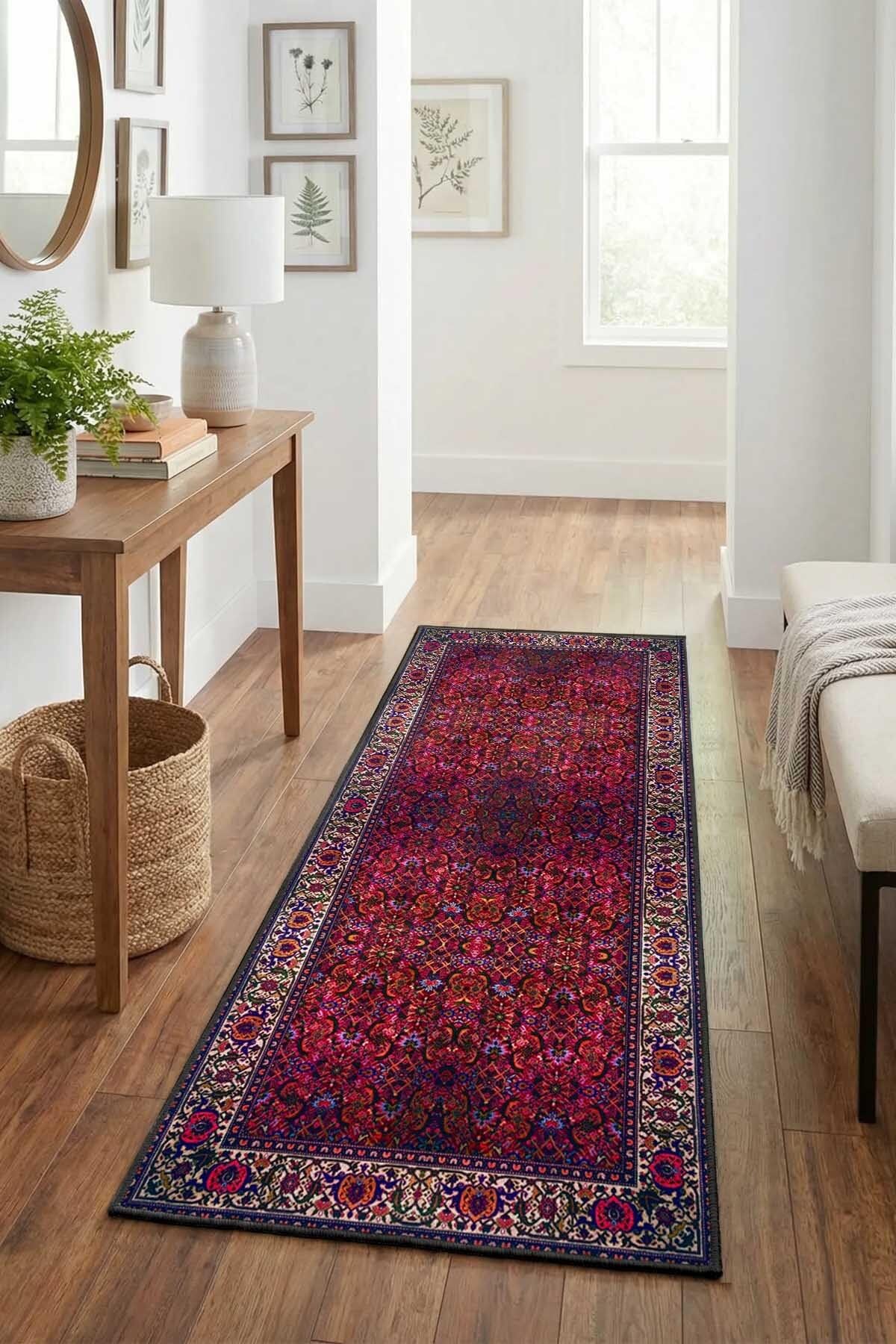 Monnhein Bordo Yolluk A-23 - Yıkanabilir, Kaymaz Taban, Dijital Baskılı, Leke Tutmaz, İnce Hav, Modern Koridor, Mutfak, Antre ve Salon için Dekoratif Yolluk