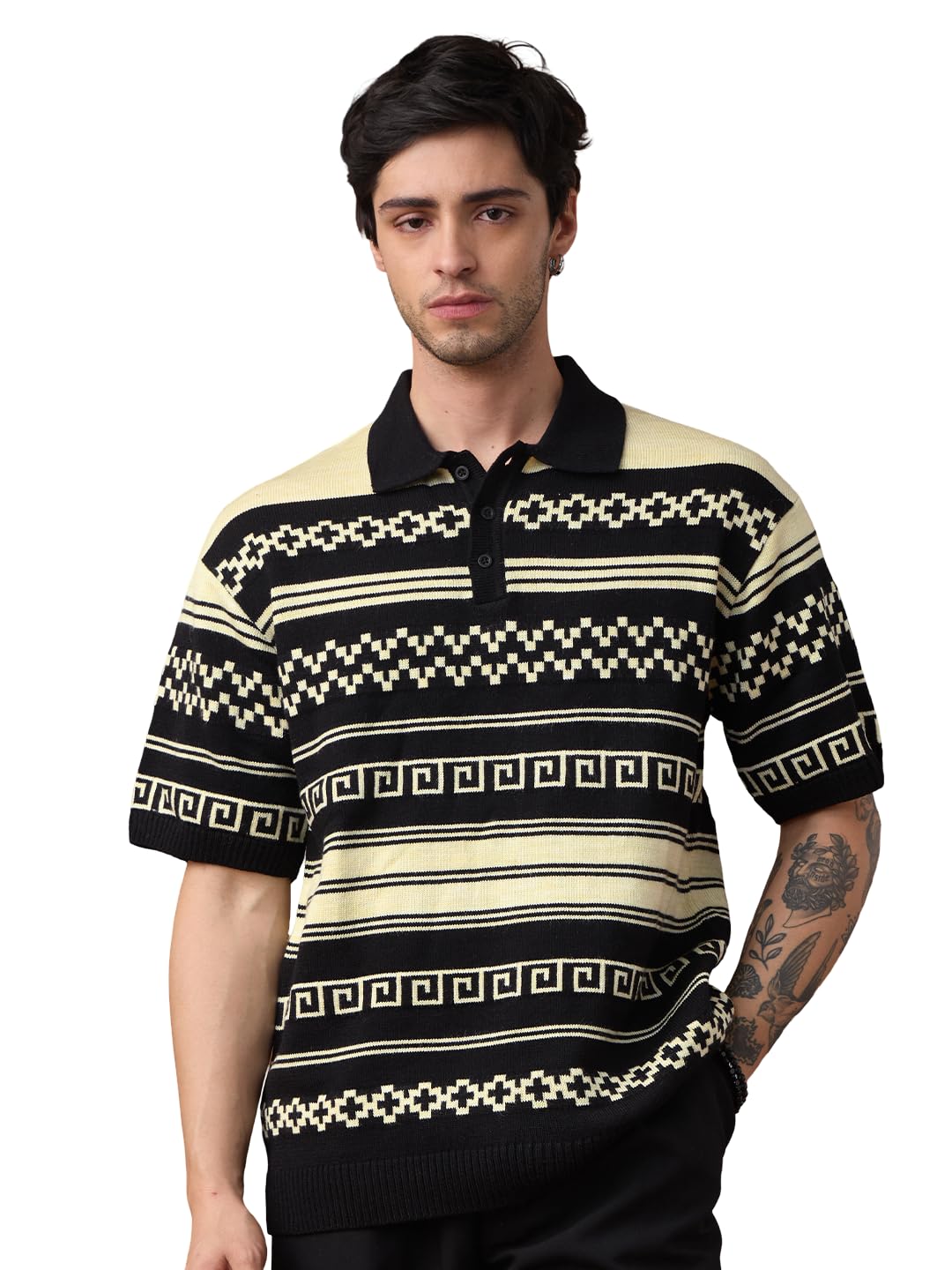 Nomad: Old World Men and Boys Short Sleeve Spread Collar Black and Beige Geometric Print Acrylic Oversized Polos-image-41