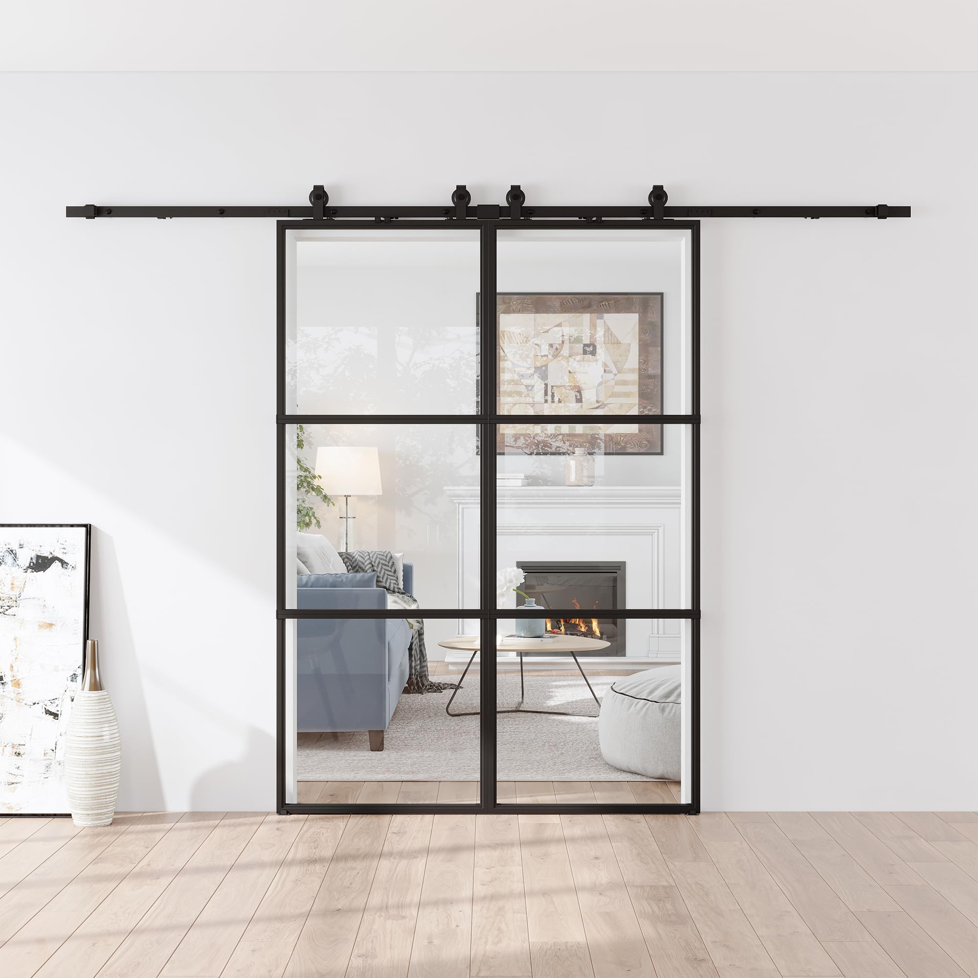 84 x 84 in Metal and Glass Sliding Double Barn Door with Installation Hardware Kit (Soft-Close Included)