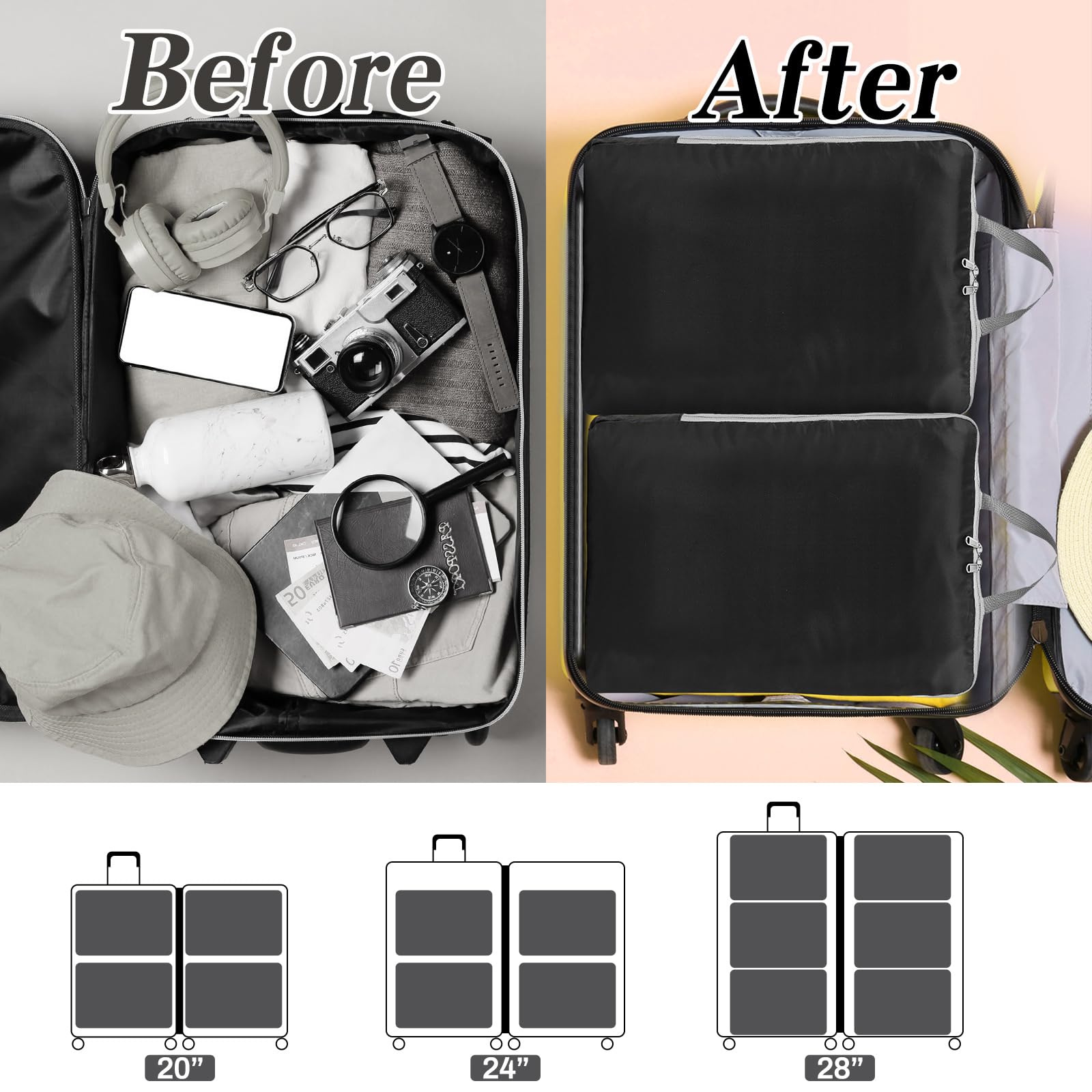 Hosuly 6 cubos de embalaje de compresión, accesorios de viaje, 17.3 x 12.6 pulgadas, organizadores de embalaje grandes expandibles para bolsas de viaje de compresión de equipaje (negro)