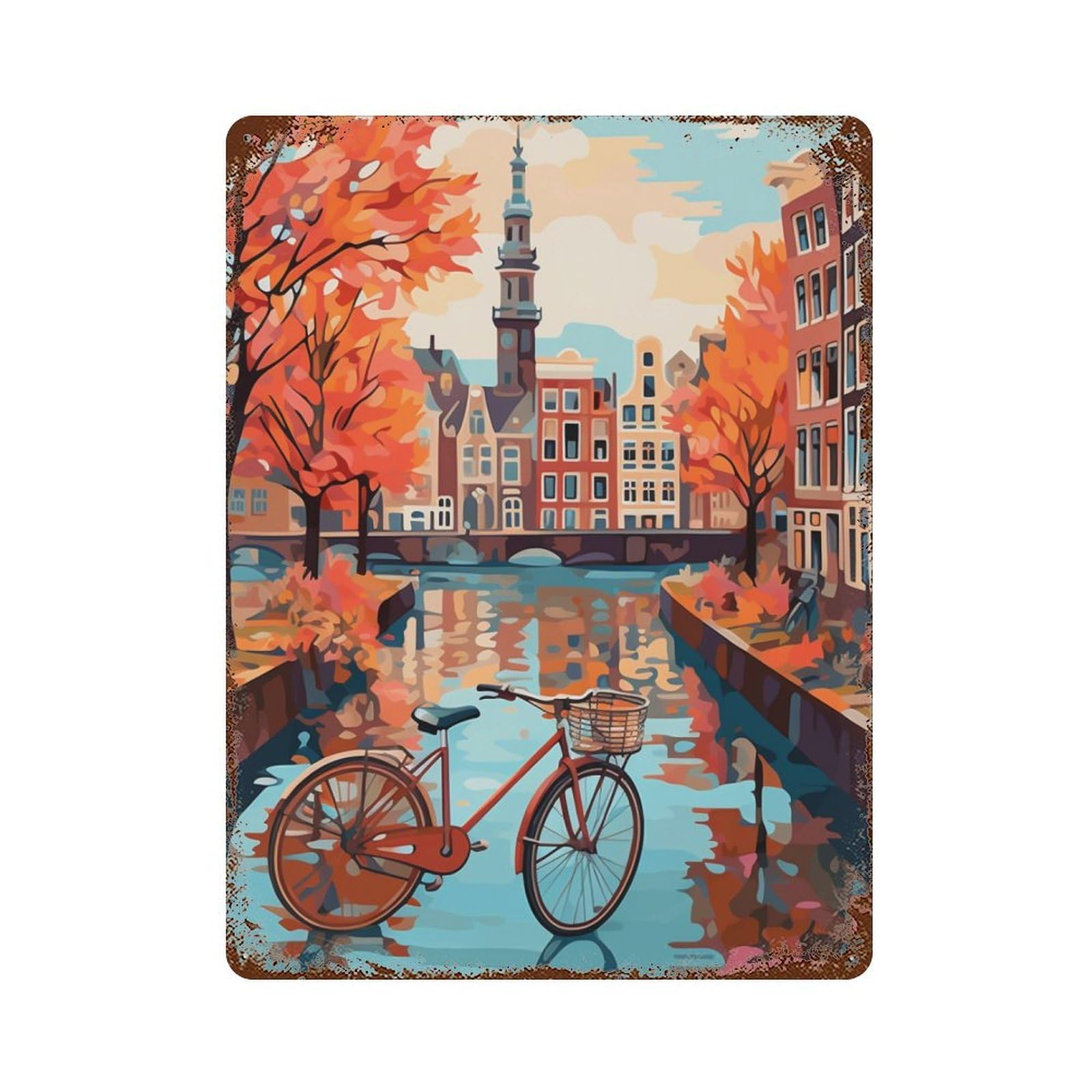 Autumn Canal Bicycle Scene Rust Effect Tin Sign 15.7"x11.8", Vintage Wall Decor for Garage, Pub Or Kitchen