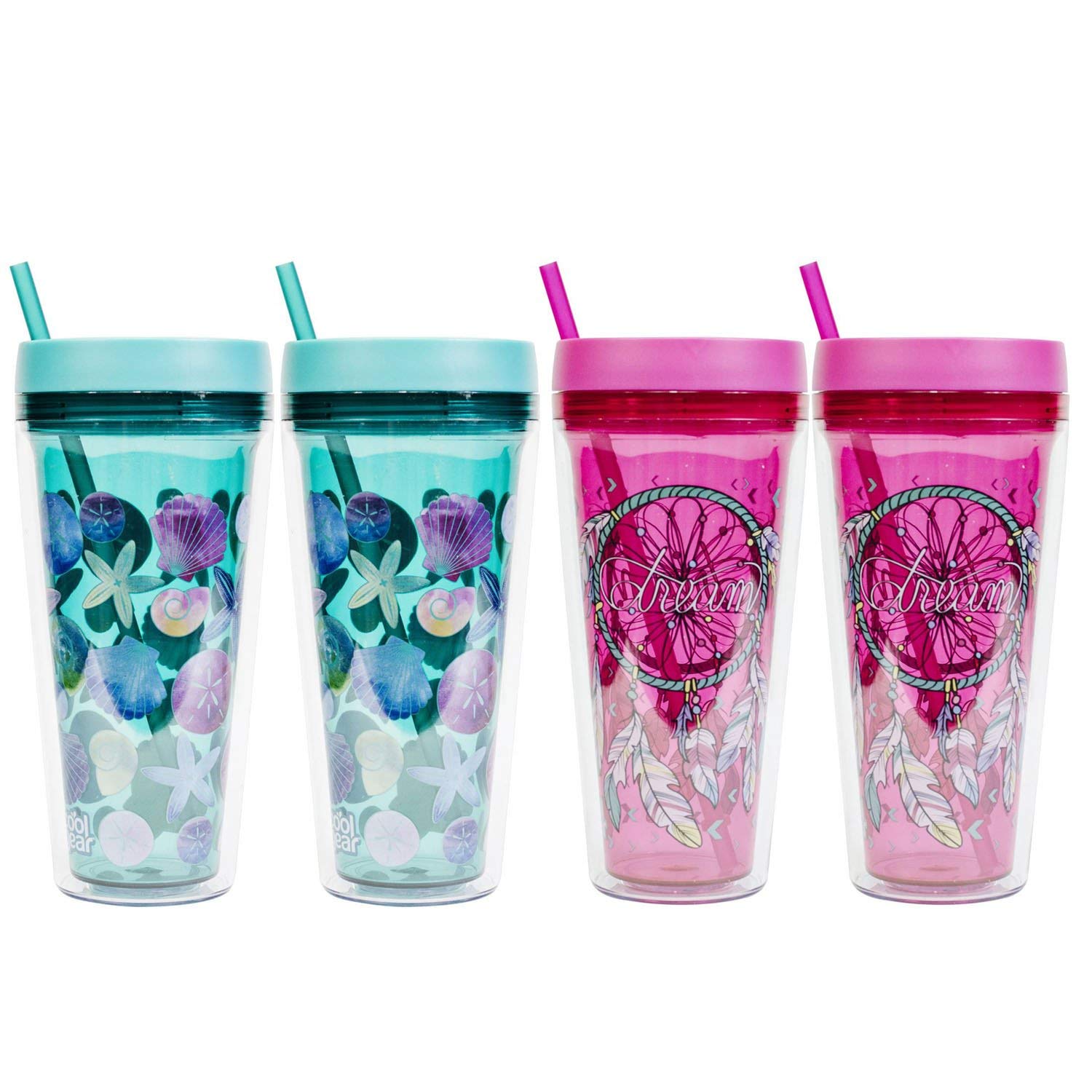 COOL GEAR4 Pack 24 oz Callisto Printed Chiller with Straw | Dual Function Closure Printed Re-Usable Tumbler Water Bottle - 24 OZ CALLISTO CHLR PRNT 4 PK SHELL/PK FEATHER