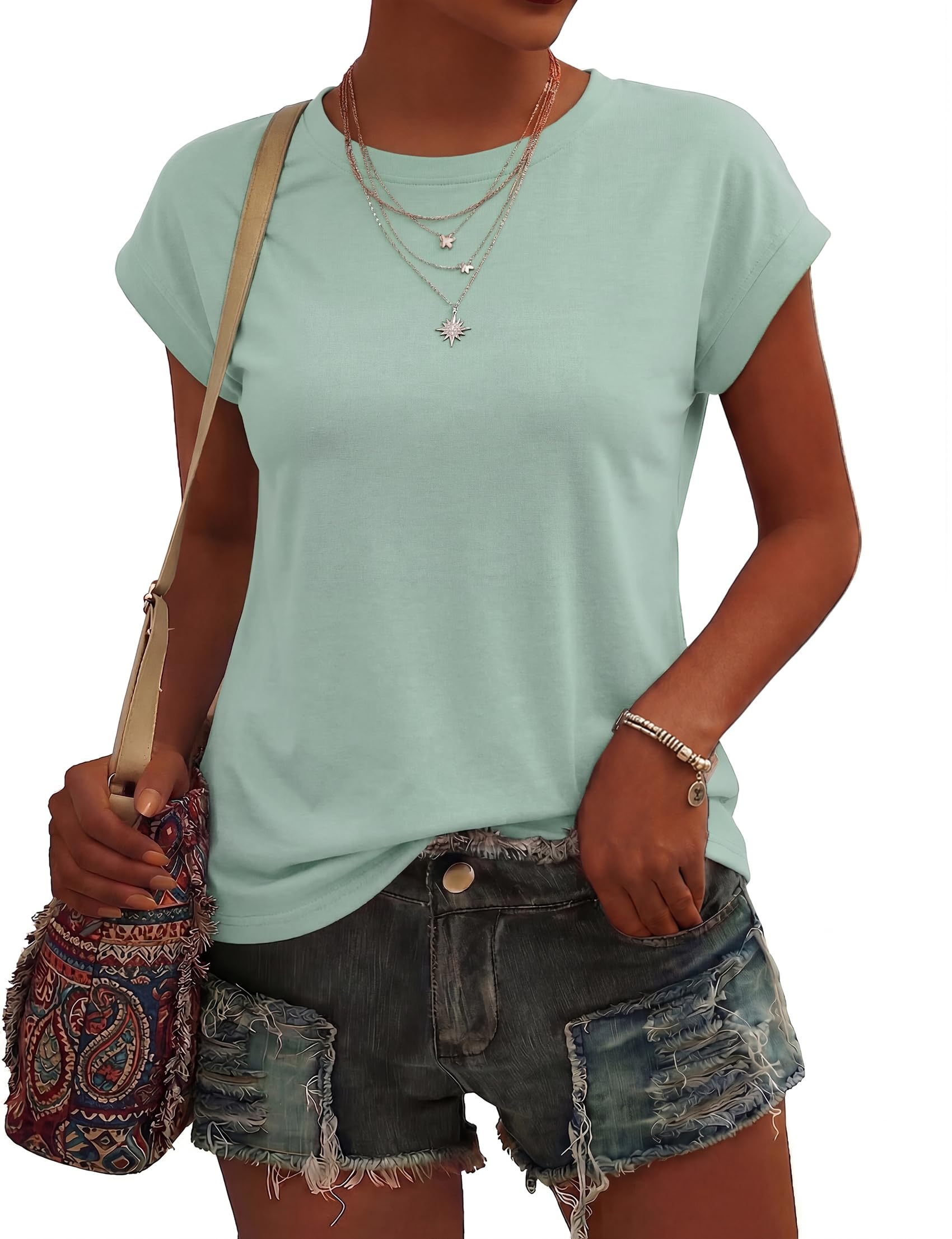Wayleb T Shirt Damen Sommer Rundhals Oberteile Elegant Basic Kurzarm Top